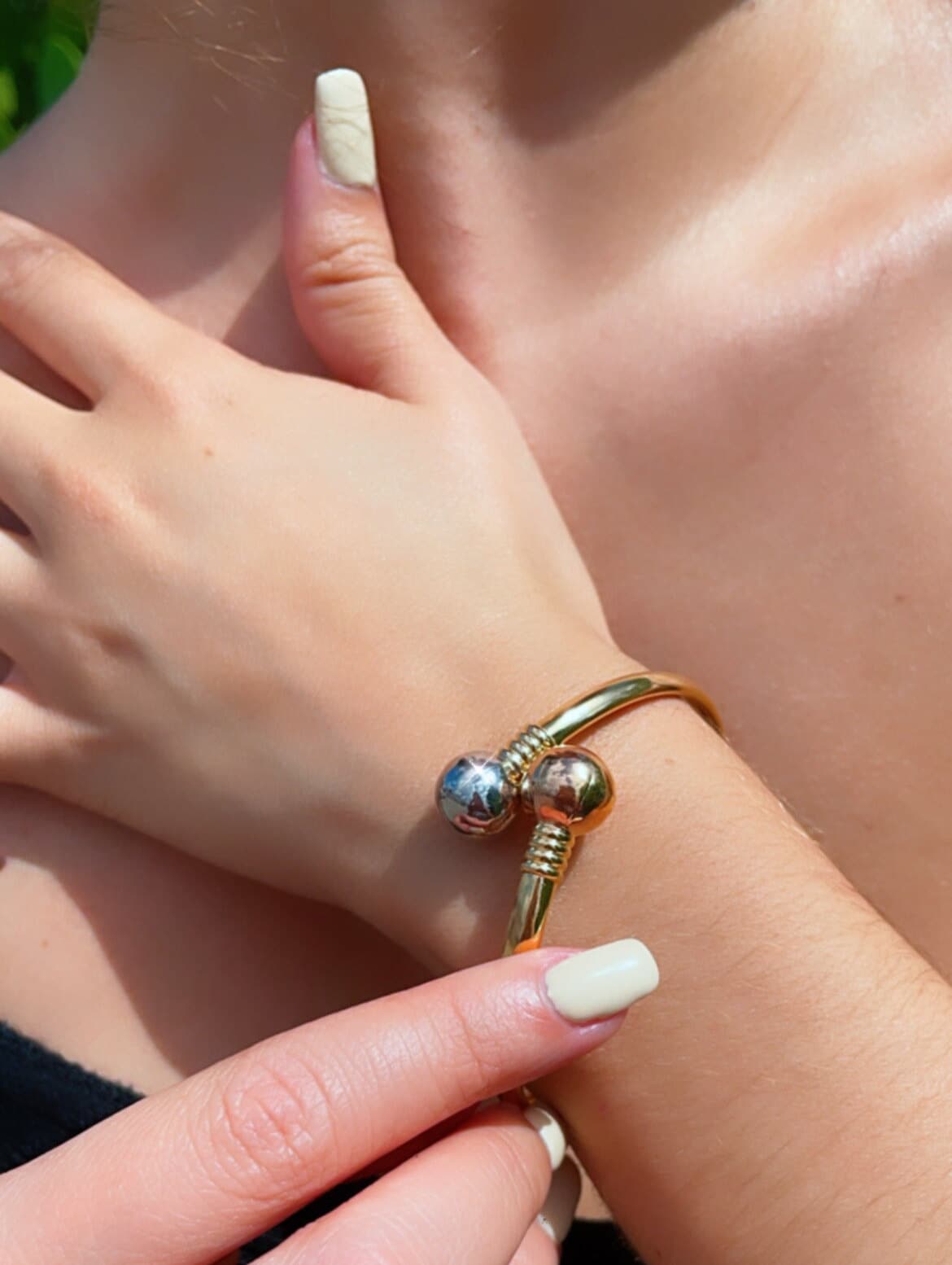 18k Gold Filled Two Ball Plain Tricolor Bangle Bracelet Jewelry