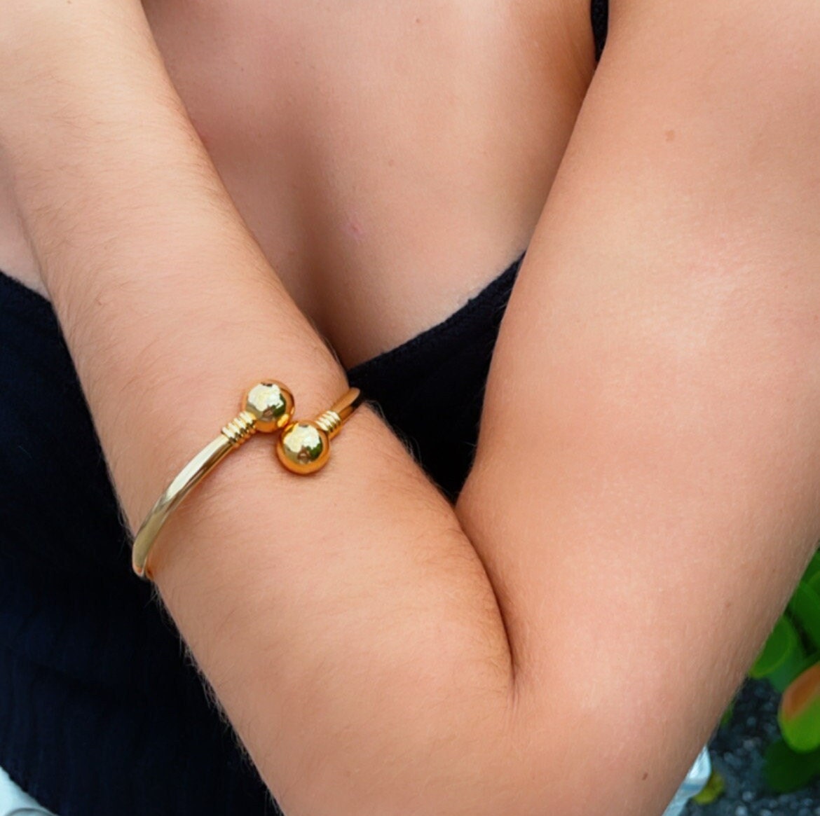 18k Gold Filled Plain Cuff Bangle Featuring Two Solid Gold Filled Ball Bangles Bracelet Jewelry