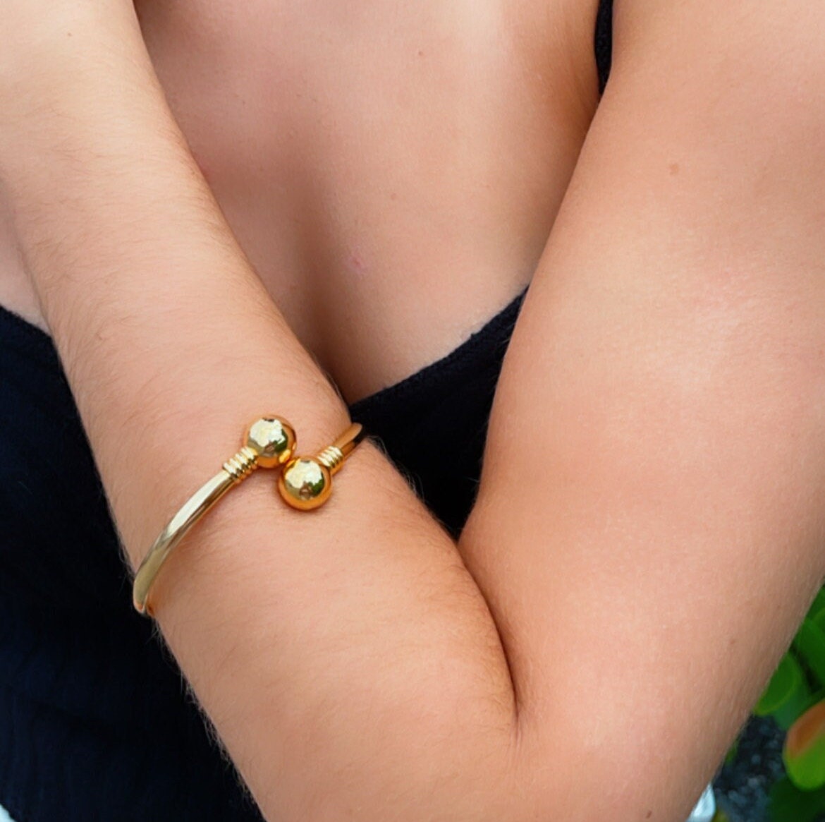 18k Gold Filled Plain Cuff Bangle Featuring Two Solid Gold Filled Ball Bangles Bracelet Jewelry
