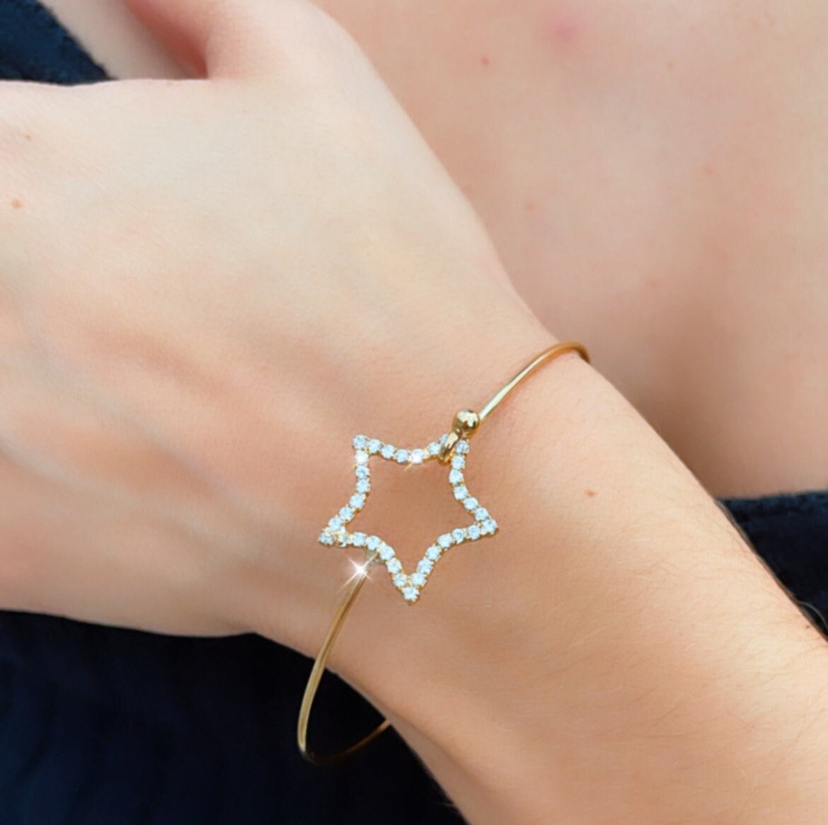 18k Gold Filled Dainty Cubic Zirconia Circle Or Star Bangle Wholesale Bracelet