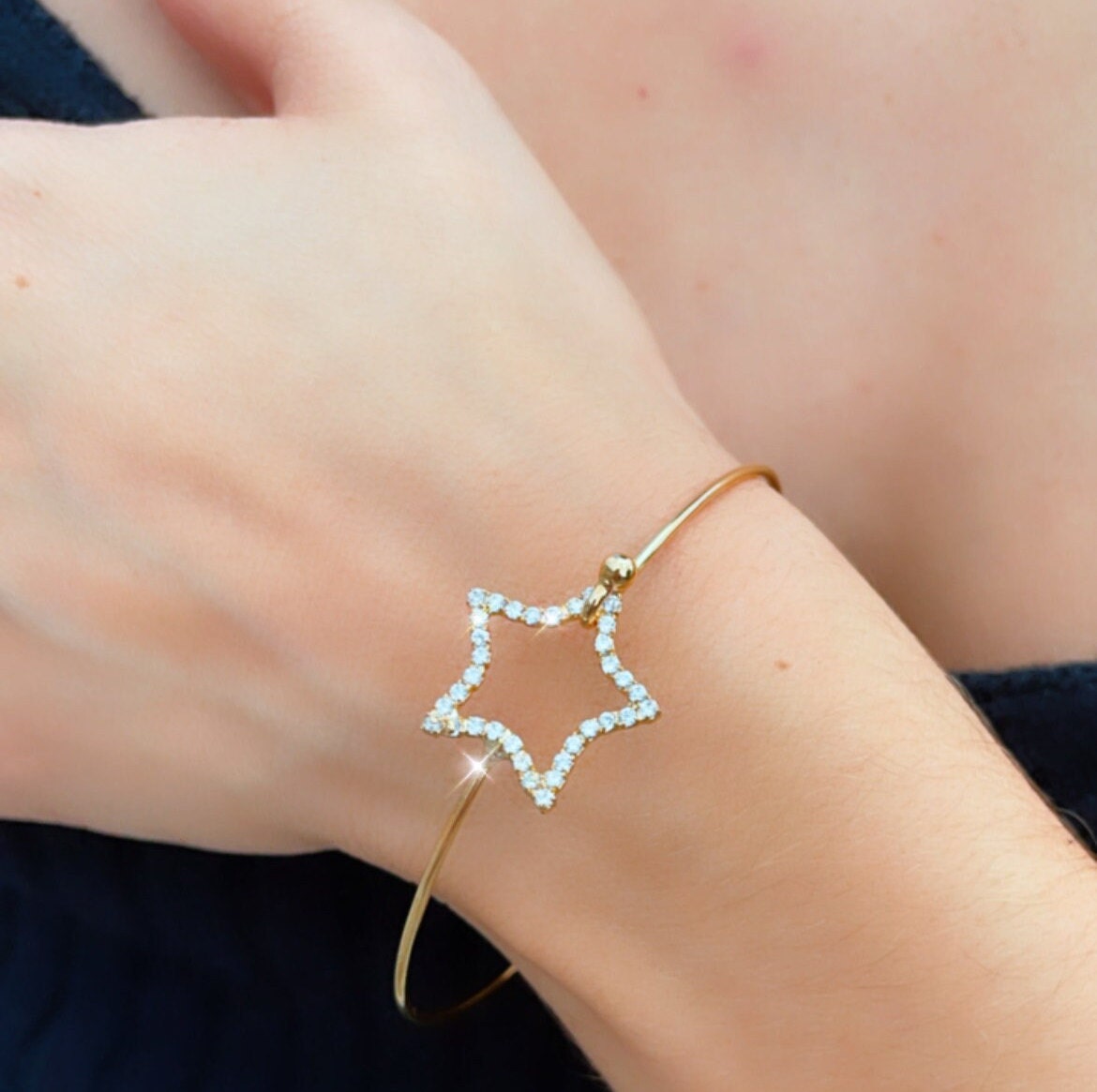18k Gold Filled Dainty Cubic Zirconia Circle Or Star Bangle Bracelet Jewelry Supplies