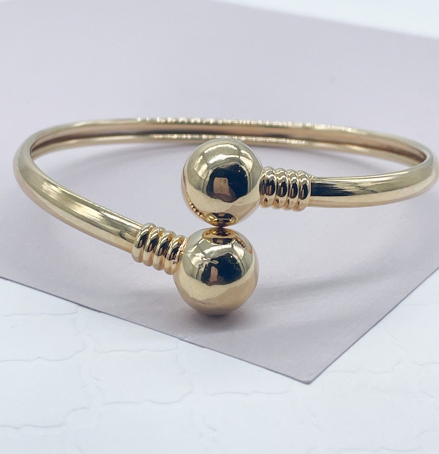 18k Gold Filled Plain Cuff Bangle Featuring Two Solid Gold Filled Ball Bangles Bracelet Jewelry