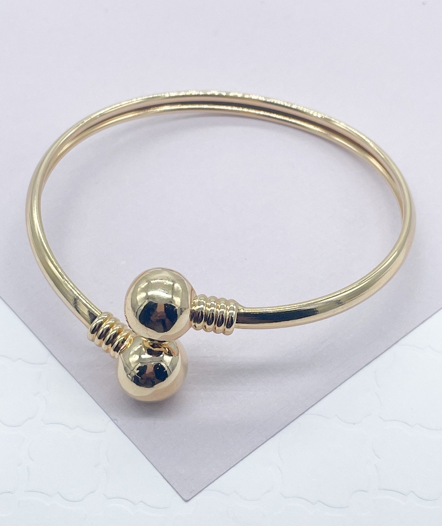 18k Gold Filled Plain Cuff Bangle Featuring Two Solid Gold Filled Ball Bangles Bracelet Jewelry