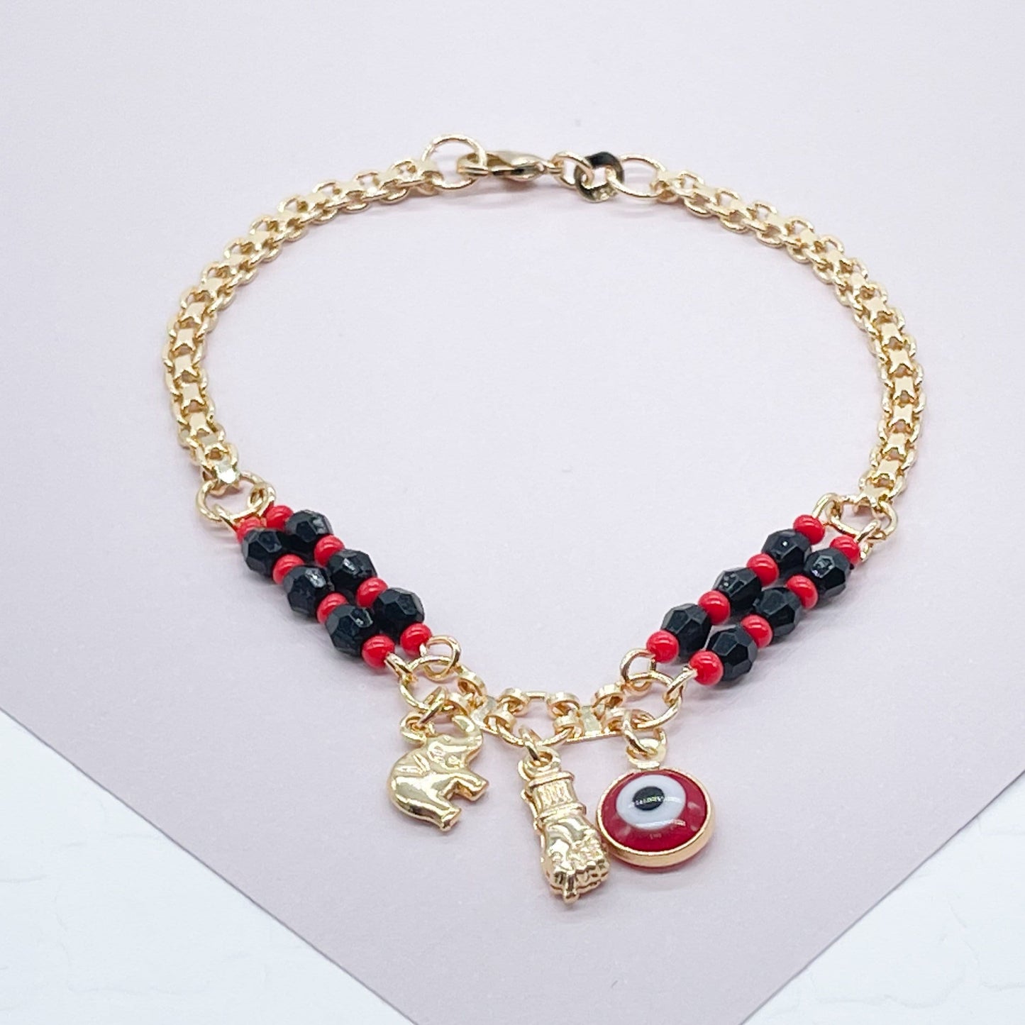 18k Gold Filled Charm Bracelet: Figa Hand, Evil Eye, Elephant