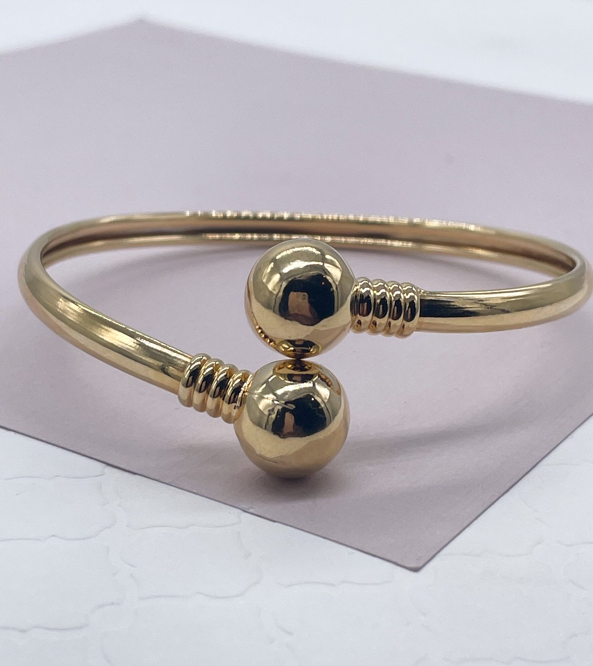 18k Gold Filled Plain Cuff Bangle Featuring Two Solid Gold Filled Ball Bangles Bracelet Jewelry