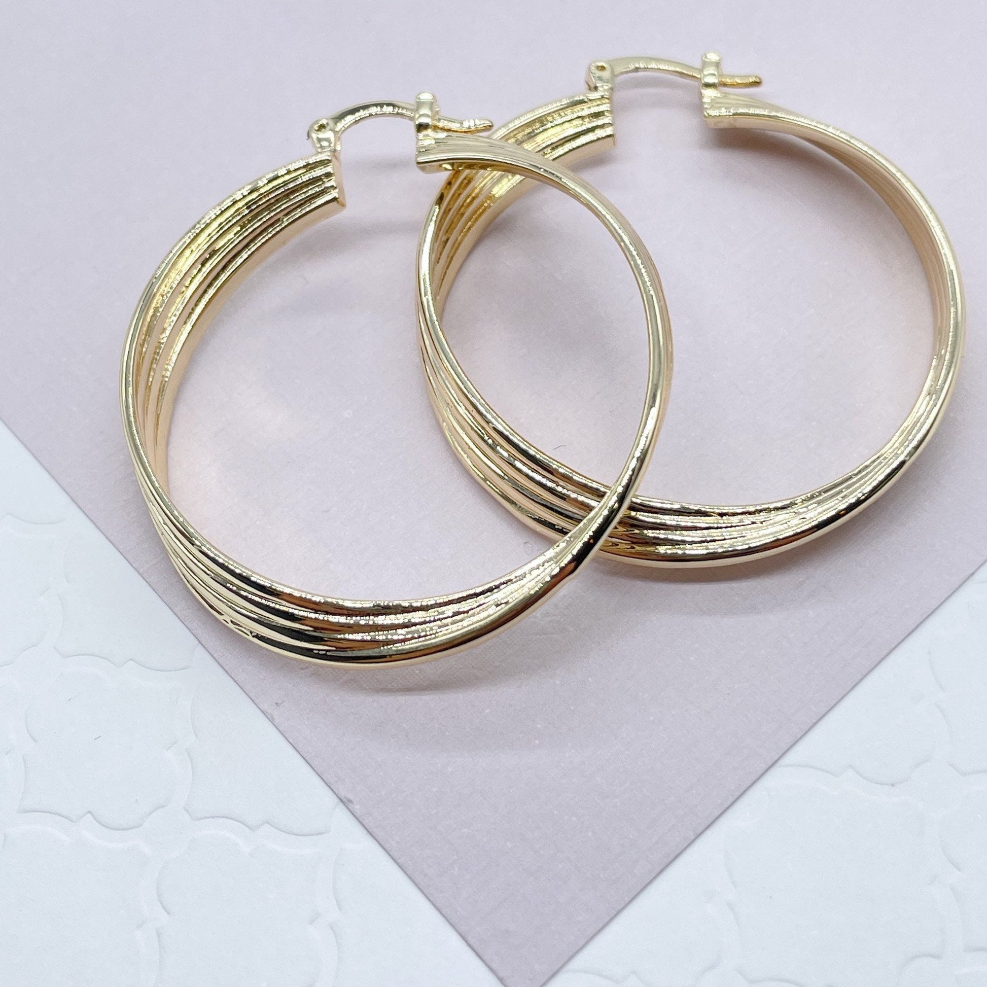 18k Gold Filled Hoop Earrings: Twisted Four Layer Design, 8mm Thick
