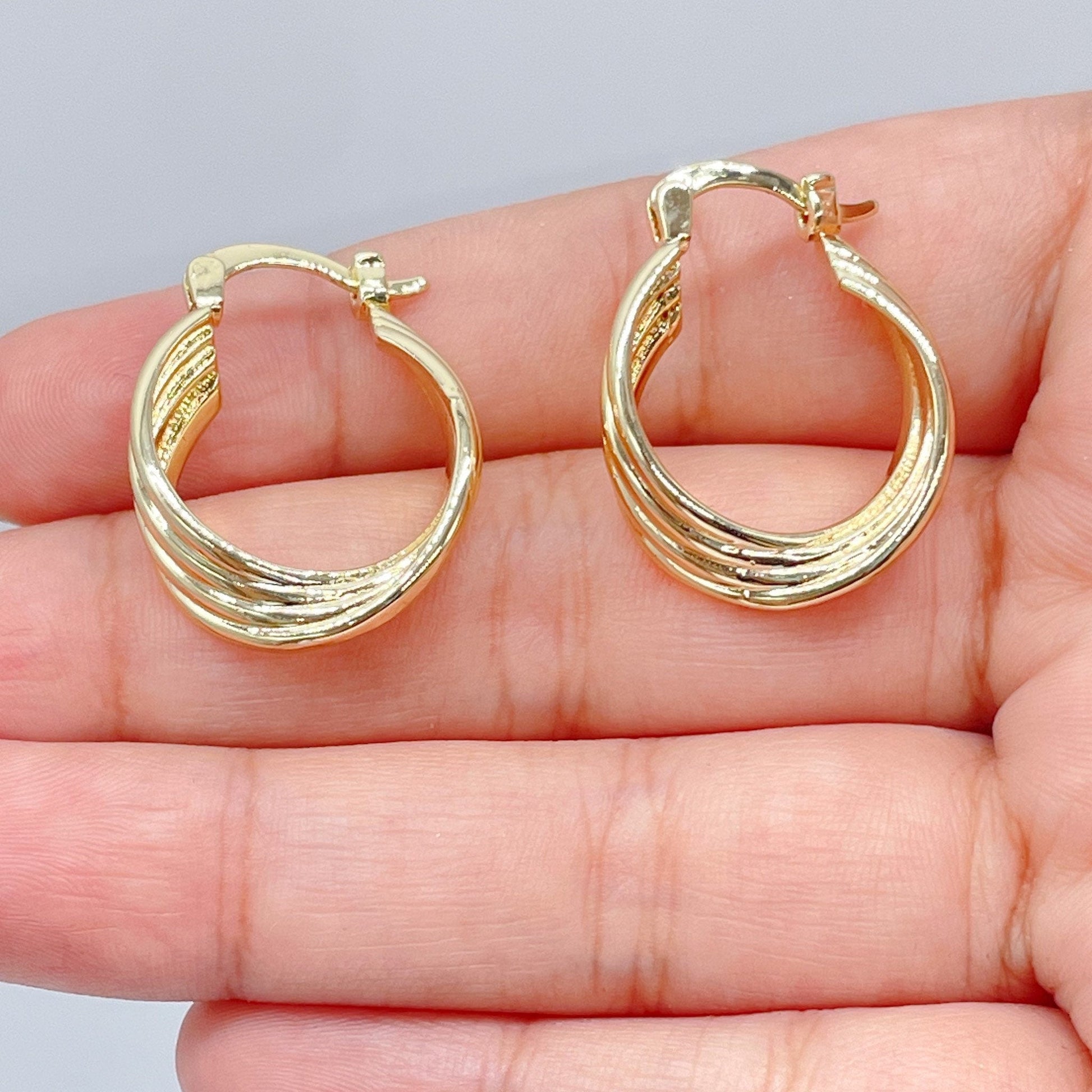 18k Gold Filled Hoop Earrings: Twisted Four Layer Design, 8mm Thick