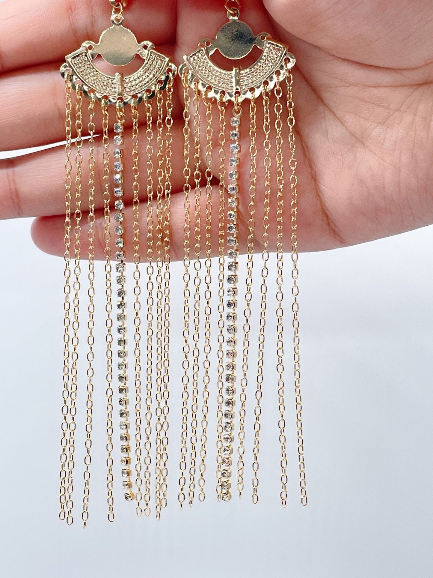 Very Long 18k Gold Filled Light Chandelier Dangling Earrings Link Chain And One Row Cubic Zirconia