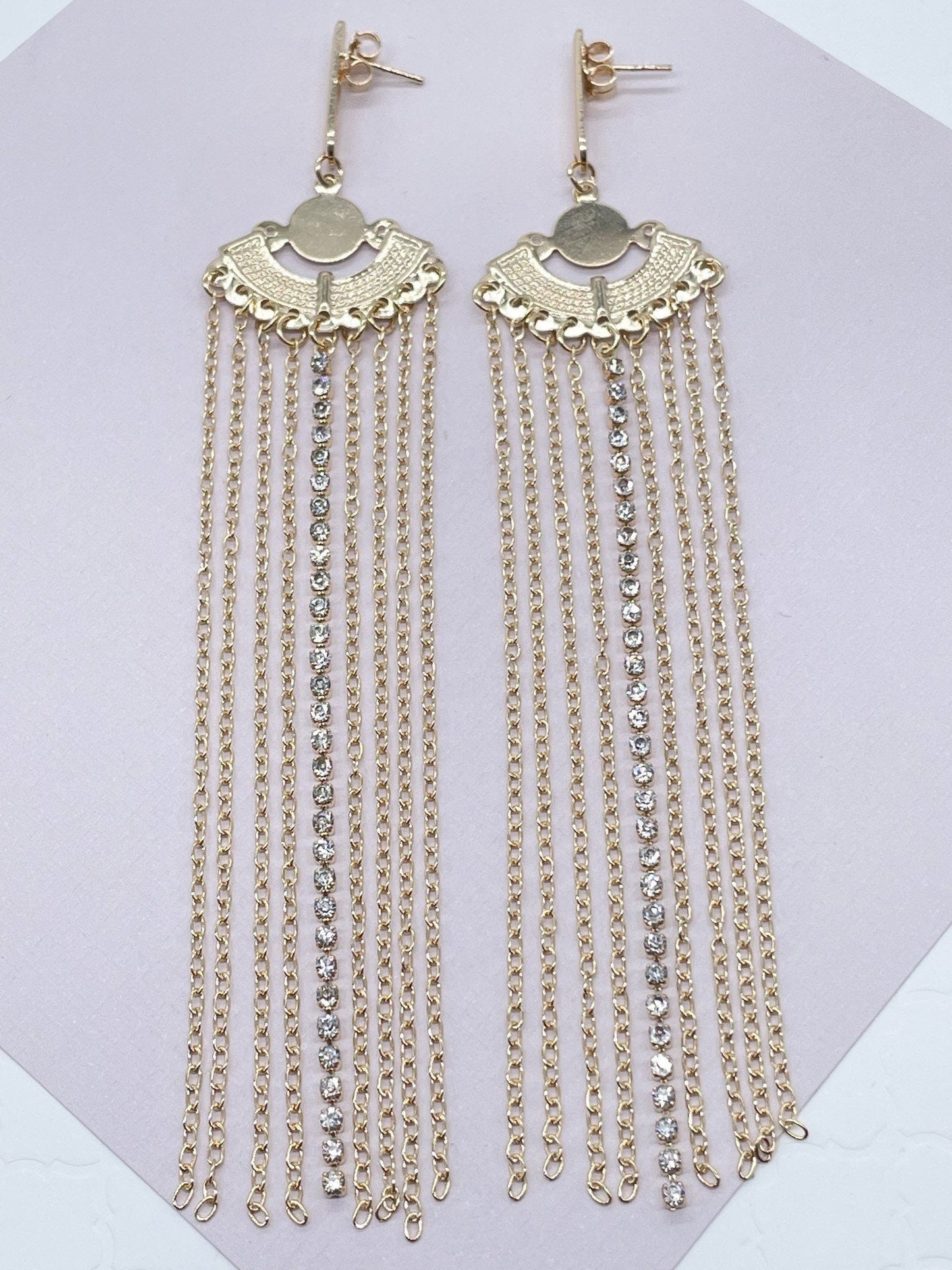 Very Long 18k Gold Filled Light Chandelier Dangling Earrings Link Chain And One Row Cubic Zirconia
