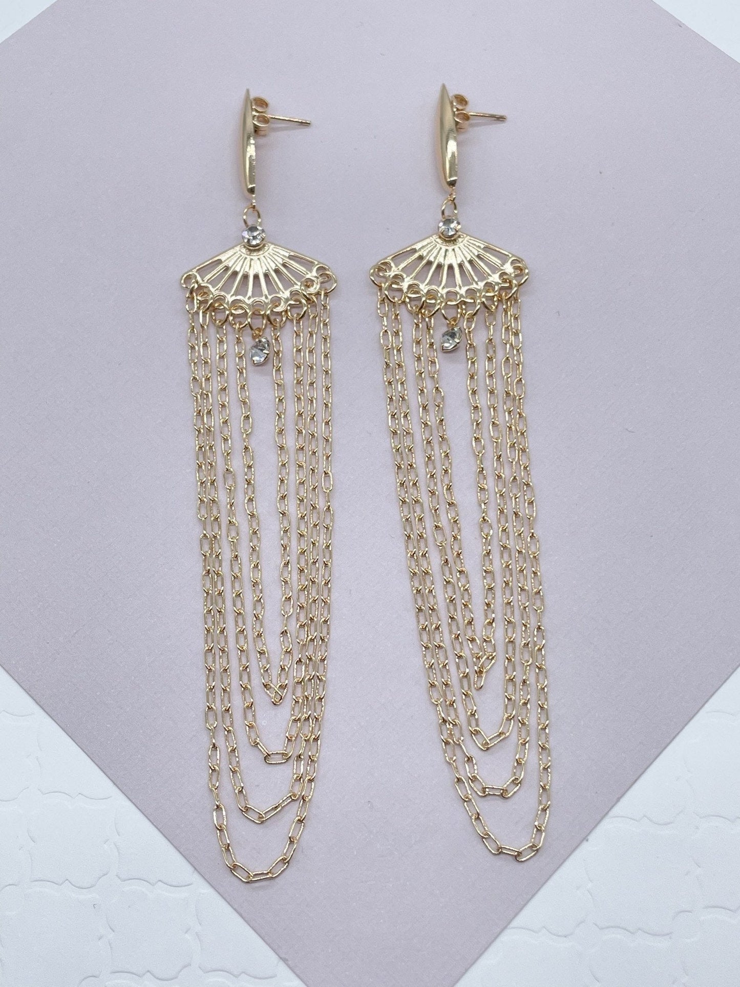Very Long 18k Gold Filled Light Chandelier Dangling Earrings In a Pape Clip Thin Chain Featuring Cubic Zirconia Details
