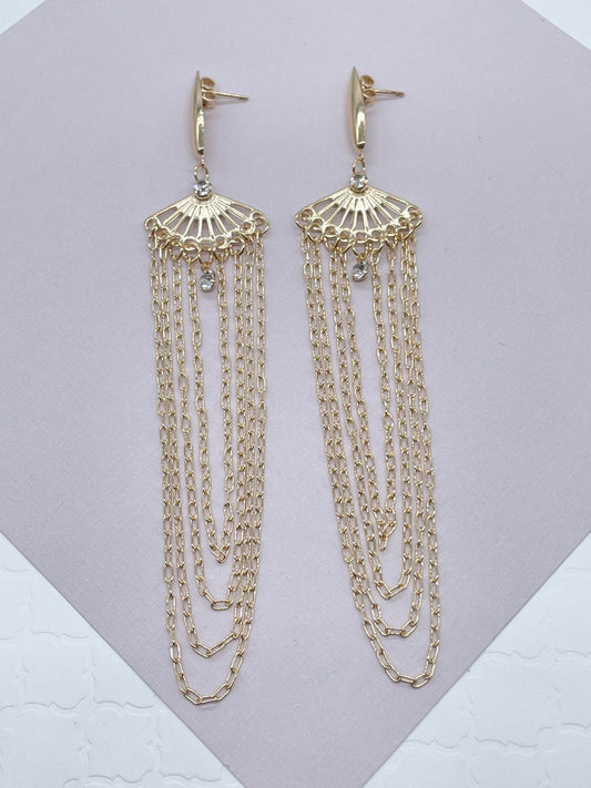18k Gold Filled Chandelier Earrings: Long Chain Dangles with Cubic Zirconia
