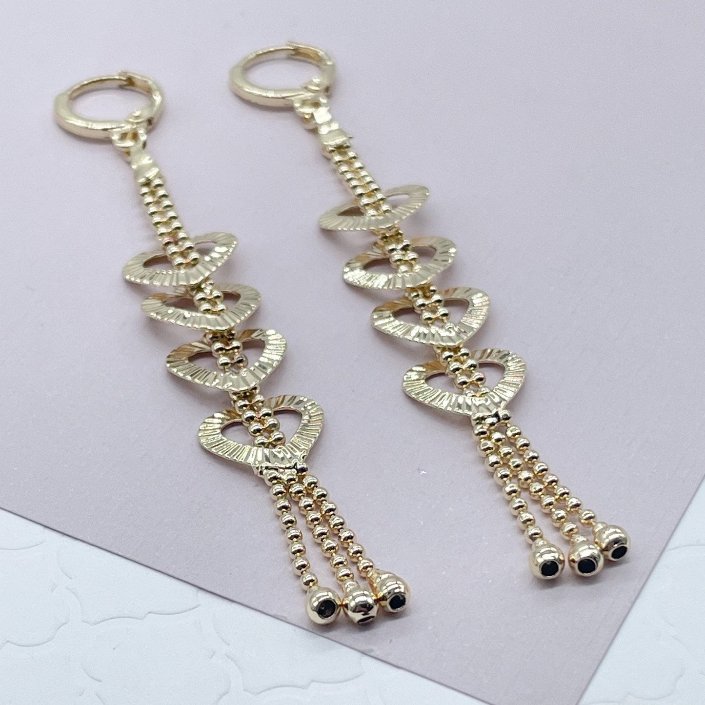 Long 18k Gold Filled Heart Dangle Earrings with Ball Chain