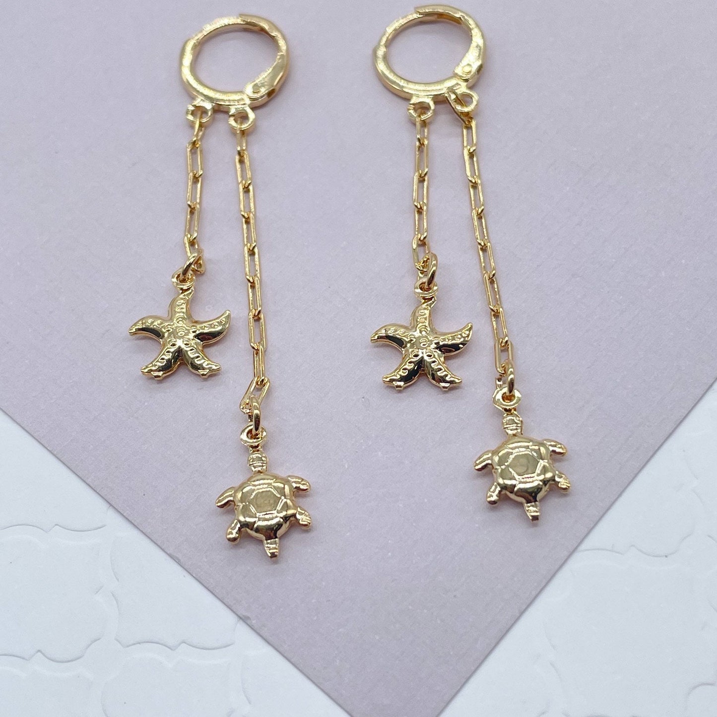 18k Gold Filled Starfish and Turtle Dangling Earrings, Sea Ocean Marine Jewelry,