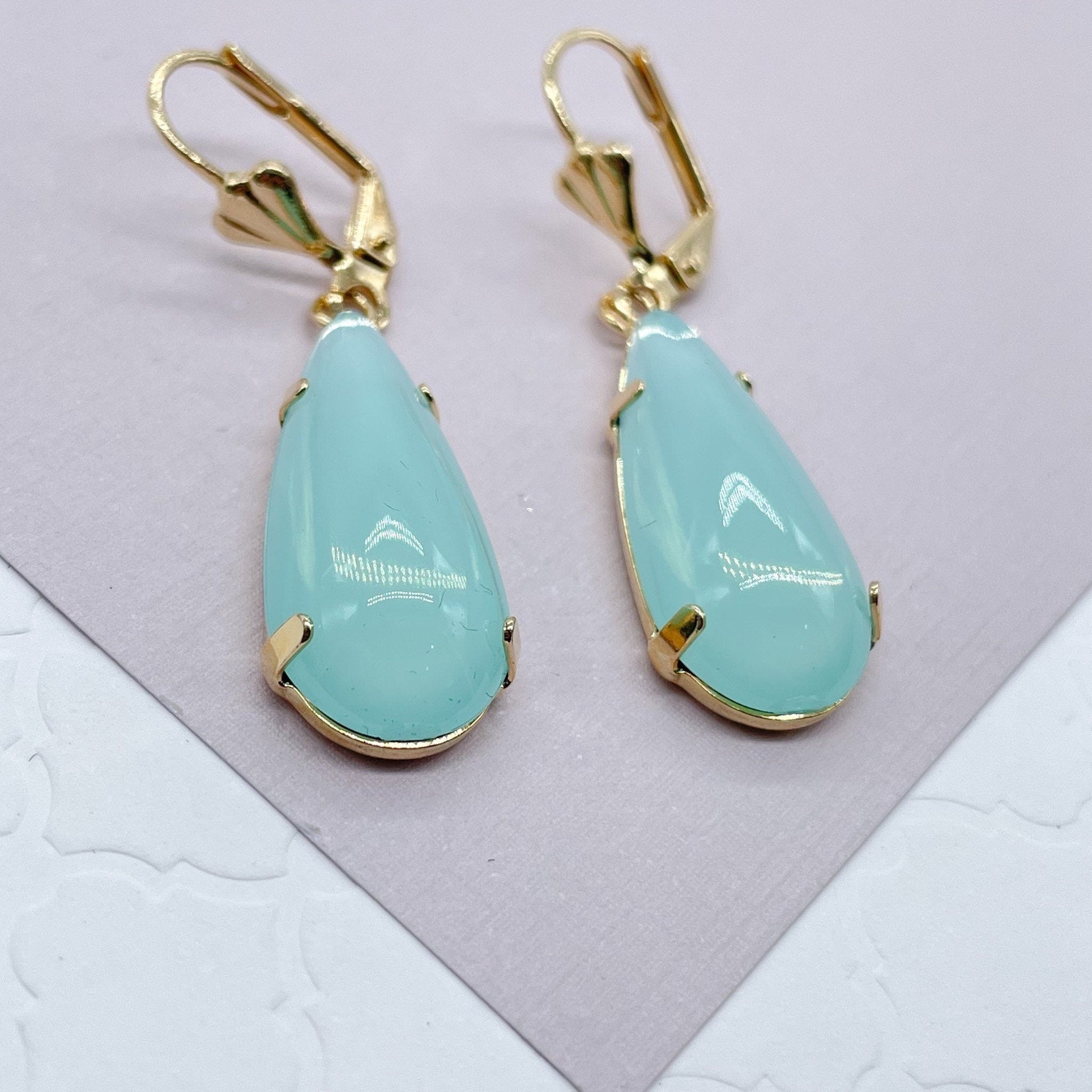 18k Gold Filled Simulated Aqua Blue Drop Earrings, Tear Shape Drop Earrings,
