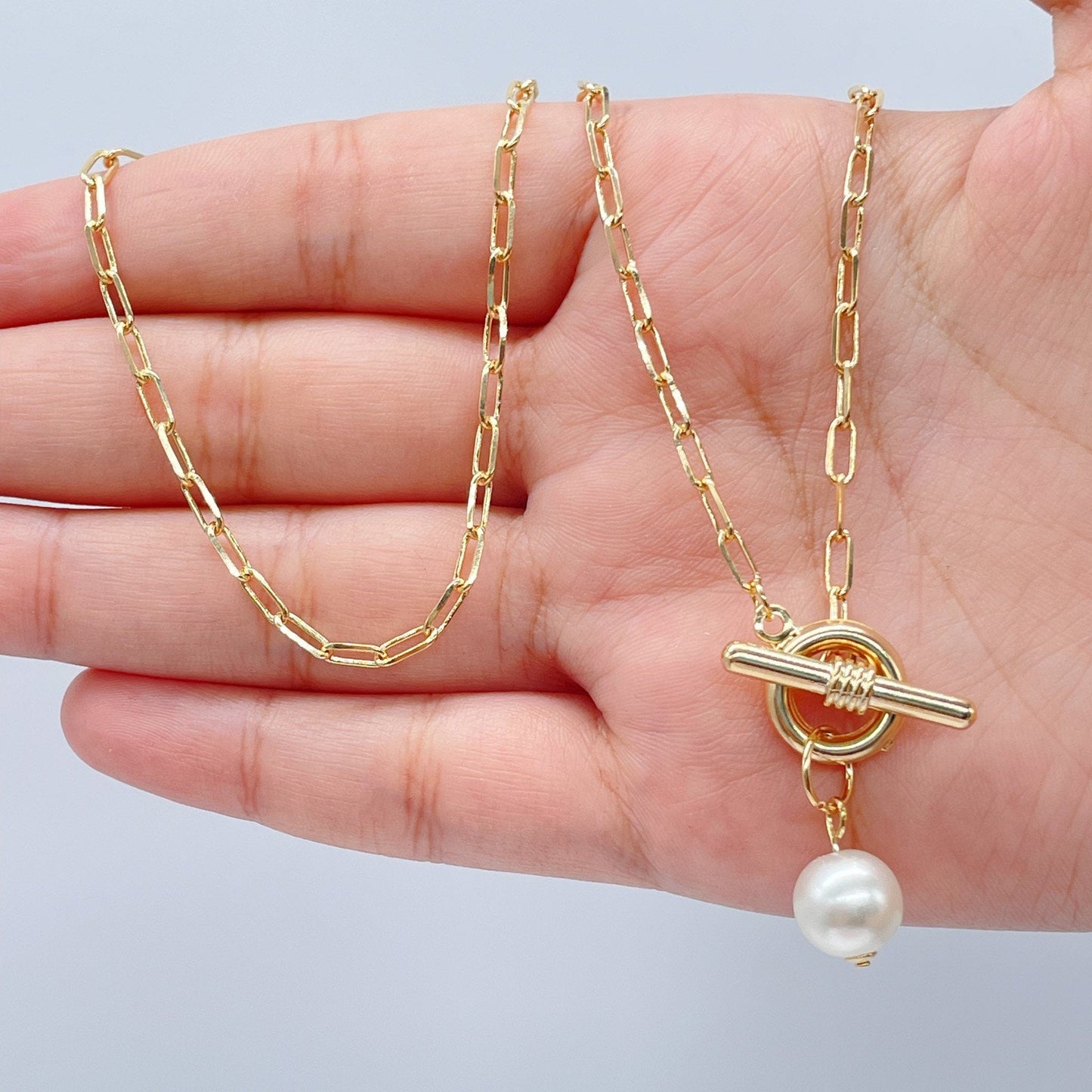 18k Gold Filled Thin Paper Clip Necklace Lariat Featuring Pearl Toggle Closing