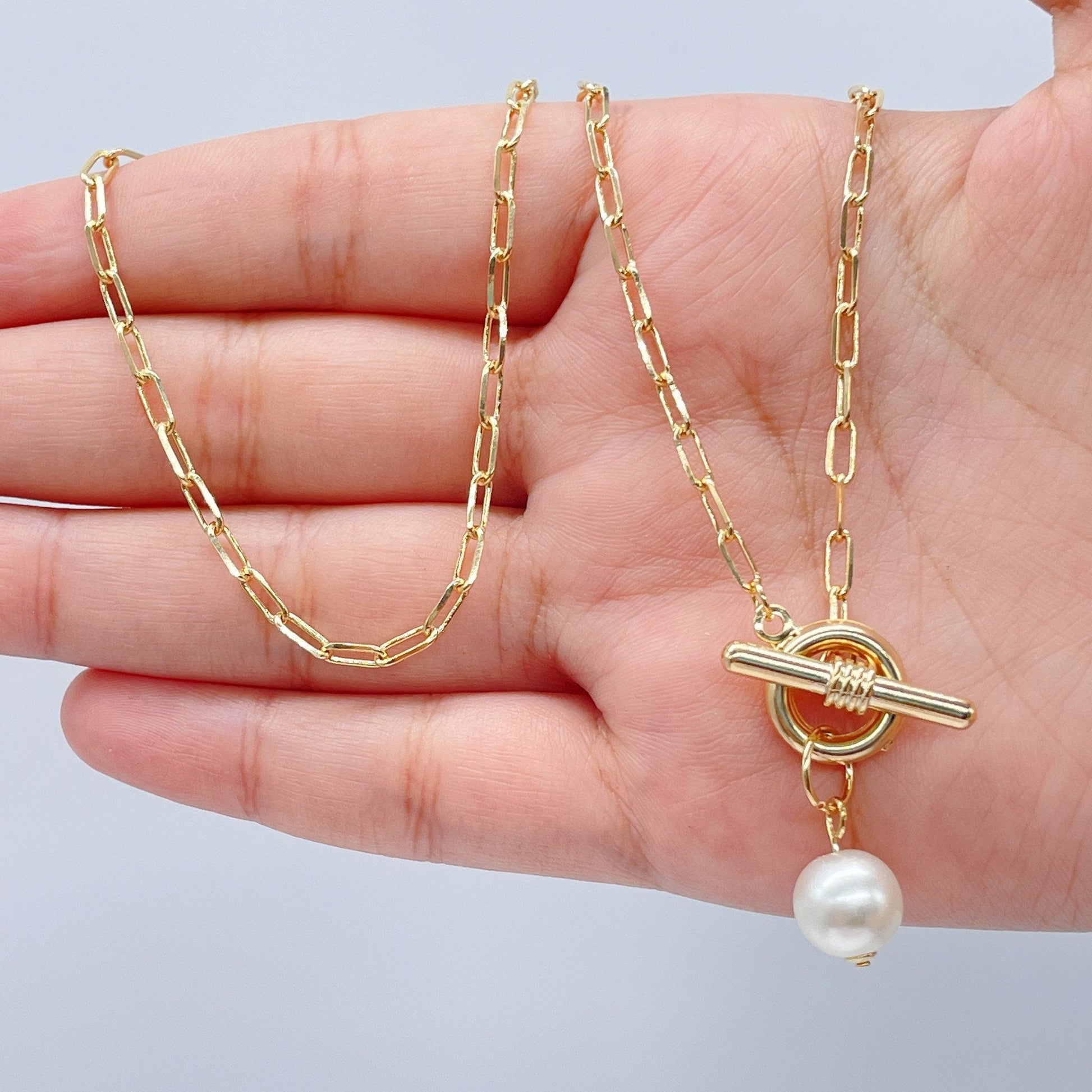18k Gold Filled Thin Paper Clip Necklace Lariat Featuring Pearl Toggle Closing