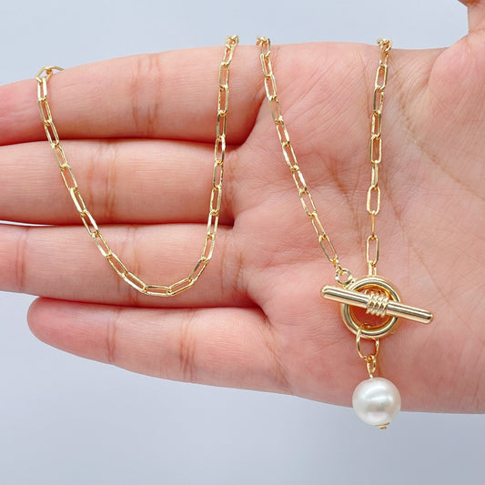 18k Gold Filled Thin Paper Clip Necklace Lariat Featuring Pearl Toggle Closing