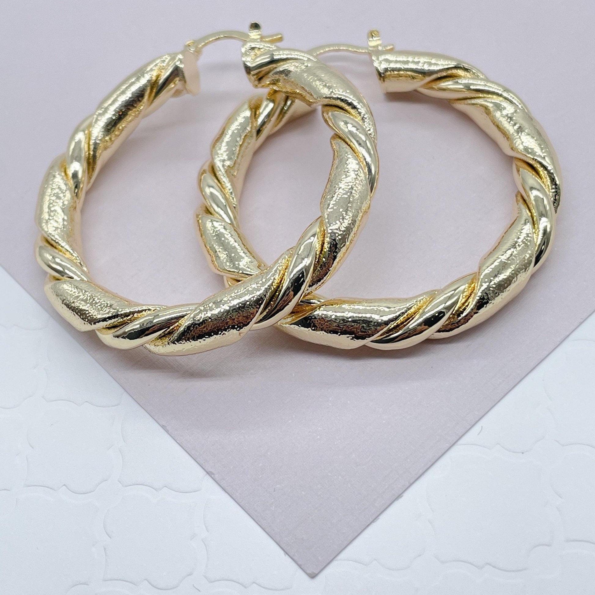 18k Gold Filled 6mm Thick Twisted Plain And Matte Tube Hoop Earrings Available