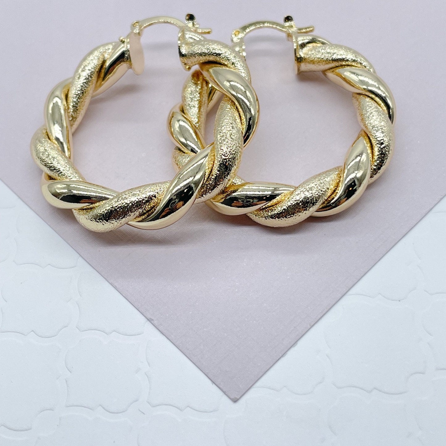 18k Gold Filled 6mm Thick Twisted Plain And Matte Tube Hoop Earrings Available