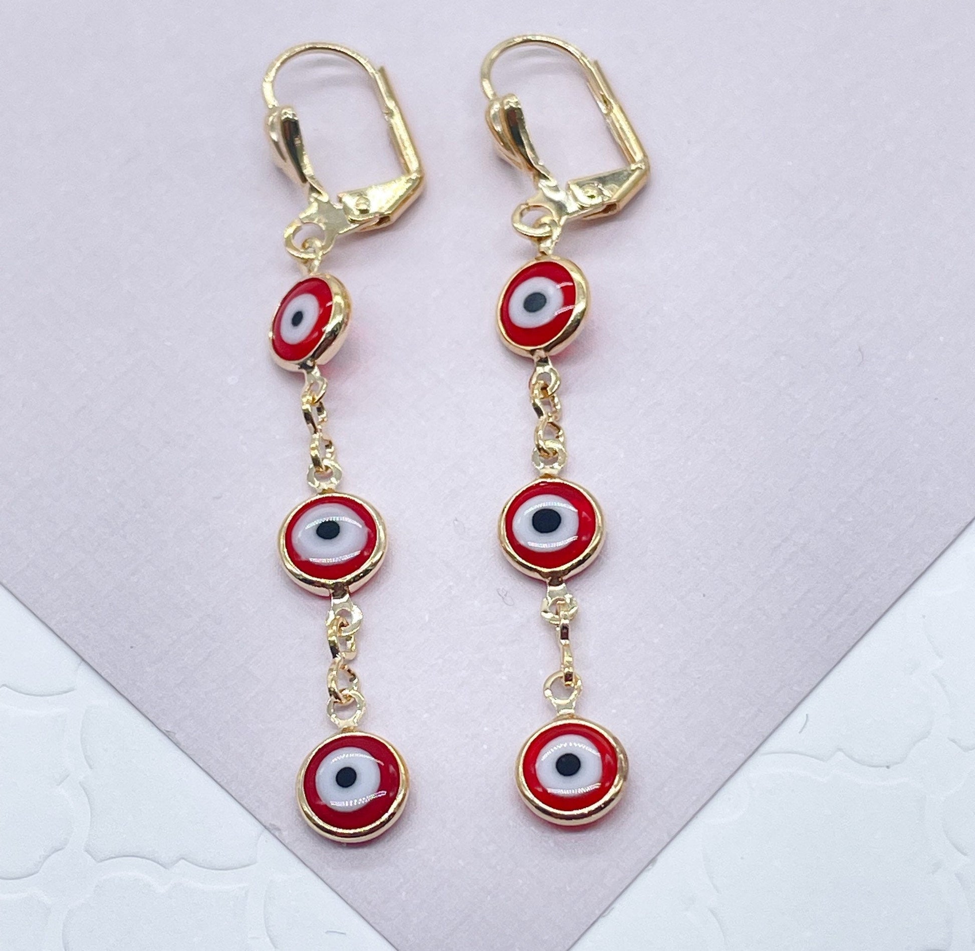 18k Gold Filled Red Evil Eye Dangling Earring, Greek Eye, Turkish Eye, Gold Lever Back Closure   And Jewelry Making Jewelry