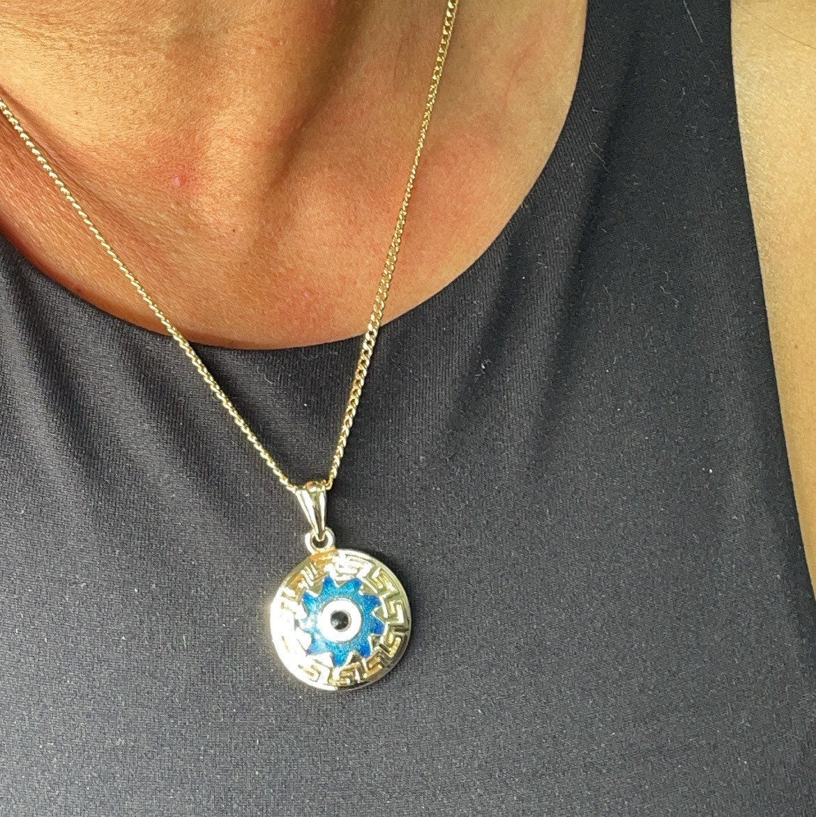 18k Gold Filled 20mm Protection Blue Evil Eye Charm Gold Pendant