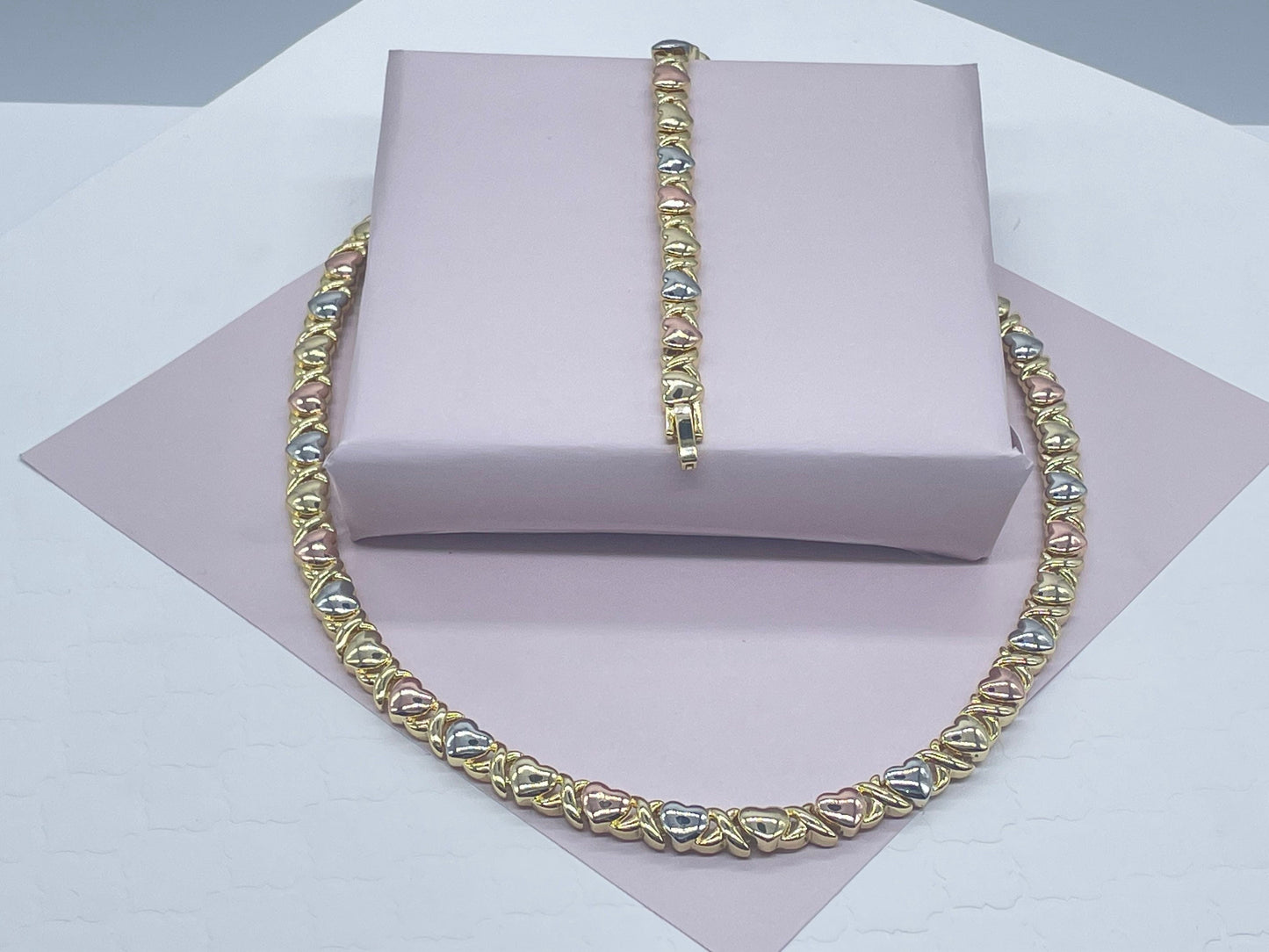 18k Gold Filled Heart Shape XOXO Set of Bracelet and Necklace Available in Gold, Silver or Tricolor - Gold, Rose Gold and Silver