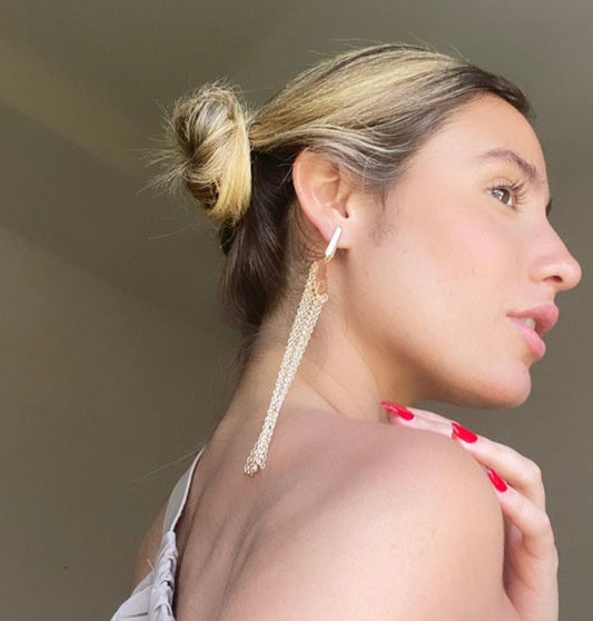 Very Long 18k Gold Filled Light Chandelier Dangling Earrings Link Chain And One Row Cubic Zirconia