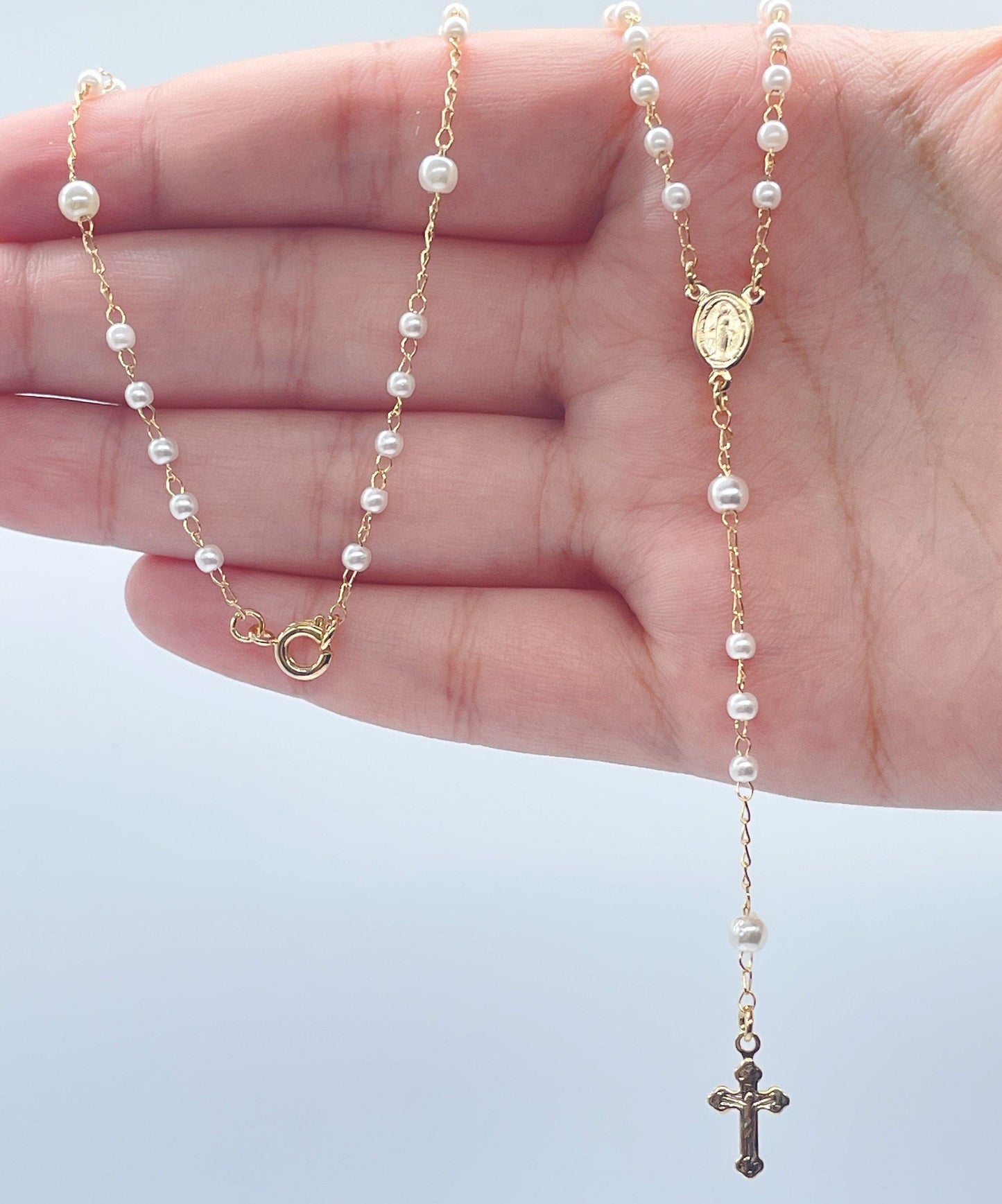 18k Gold Filled Rosary: White Simulated Pearl Beaded Necklace