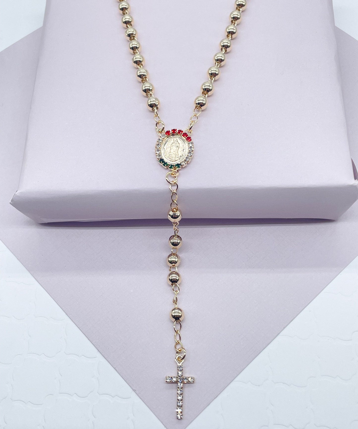 18k Gold Filled Solid Bead Rosary Necklace with Green Clear And Red Cubic Zirconia Guadalupe Medal and Cross Mexican Jewelry