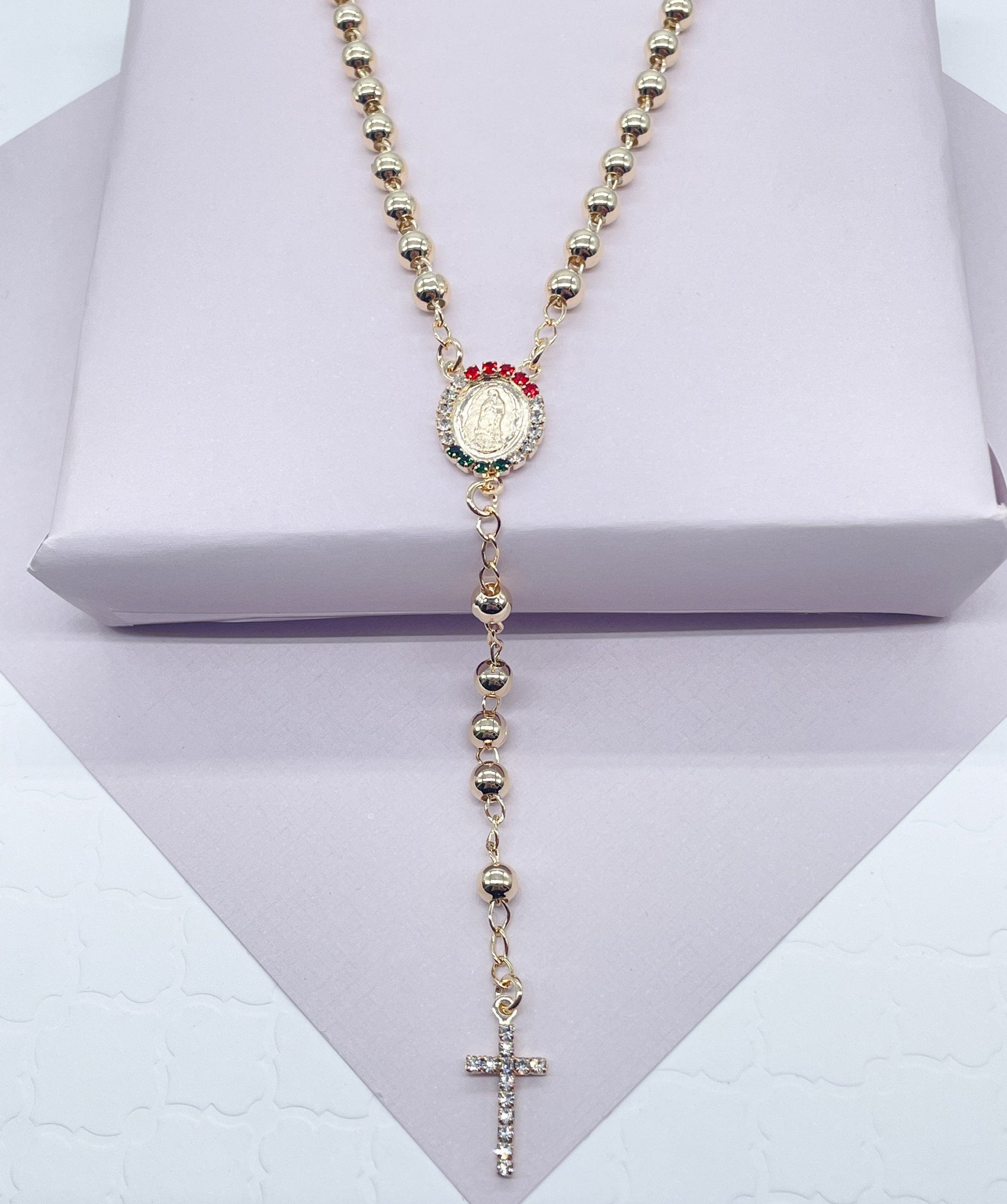 18k Gold Filled Solid Bead Rosary Necklace with Green Clear And Red Cubic Zirconia Guadalupe Medal and Cross Mexican Jewelry