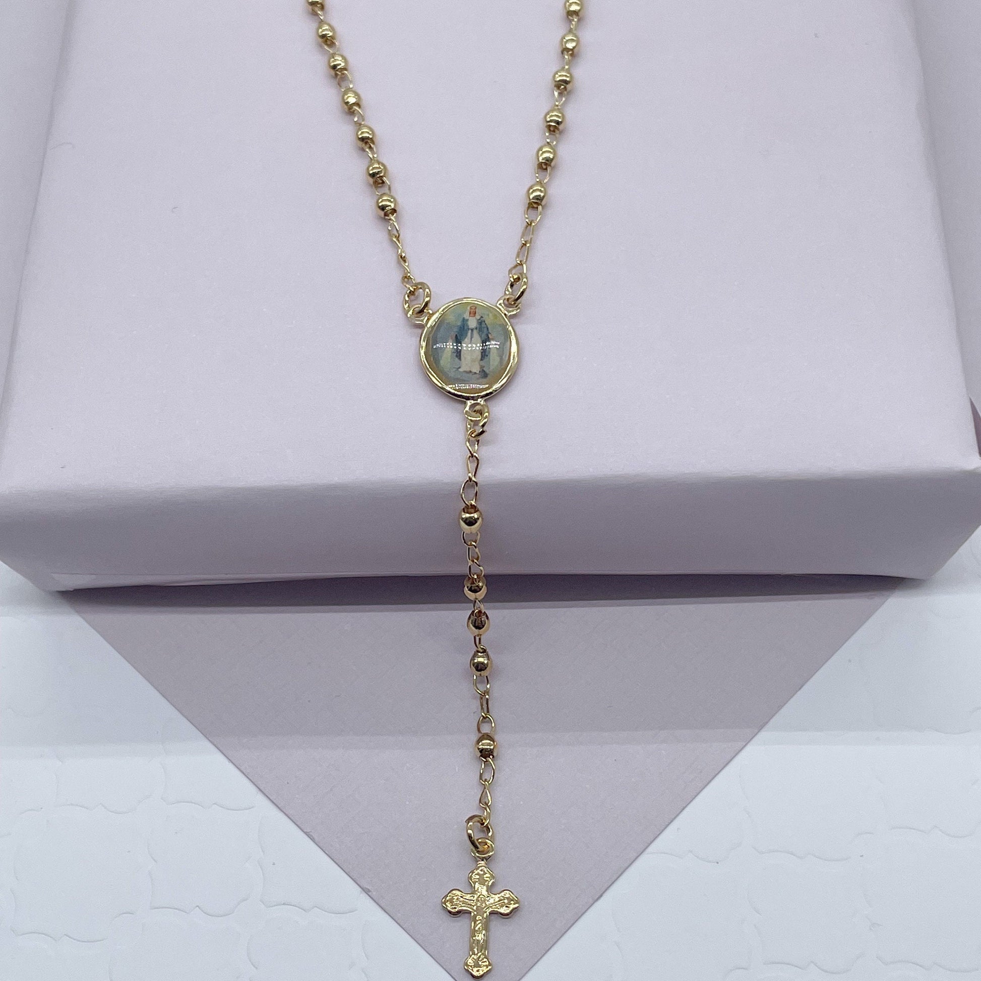 18k Gold Filled Rosary Necklace: Virgin Mary Image, Trendy Jewelry