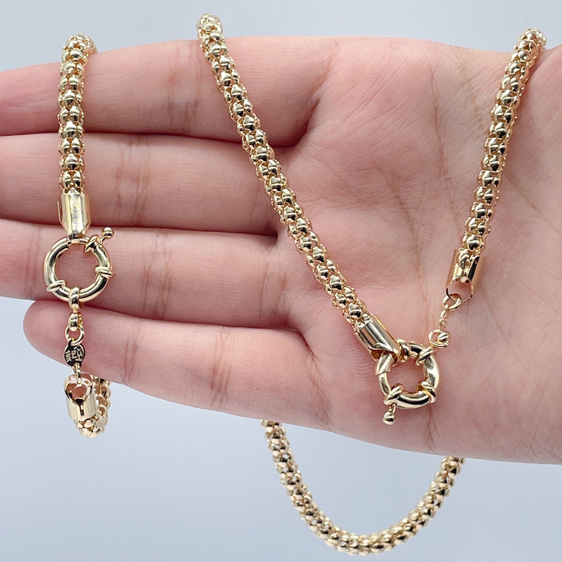 Gorgeous Unique 18K Gold Filled Wheat Link Tube Set Featuring Large Ring Clasp Hypoallergenic Jewelry Women Gold Bracelet