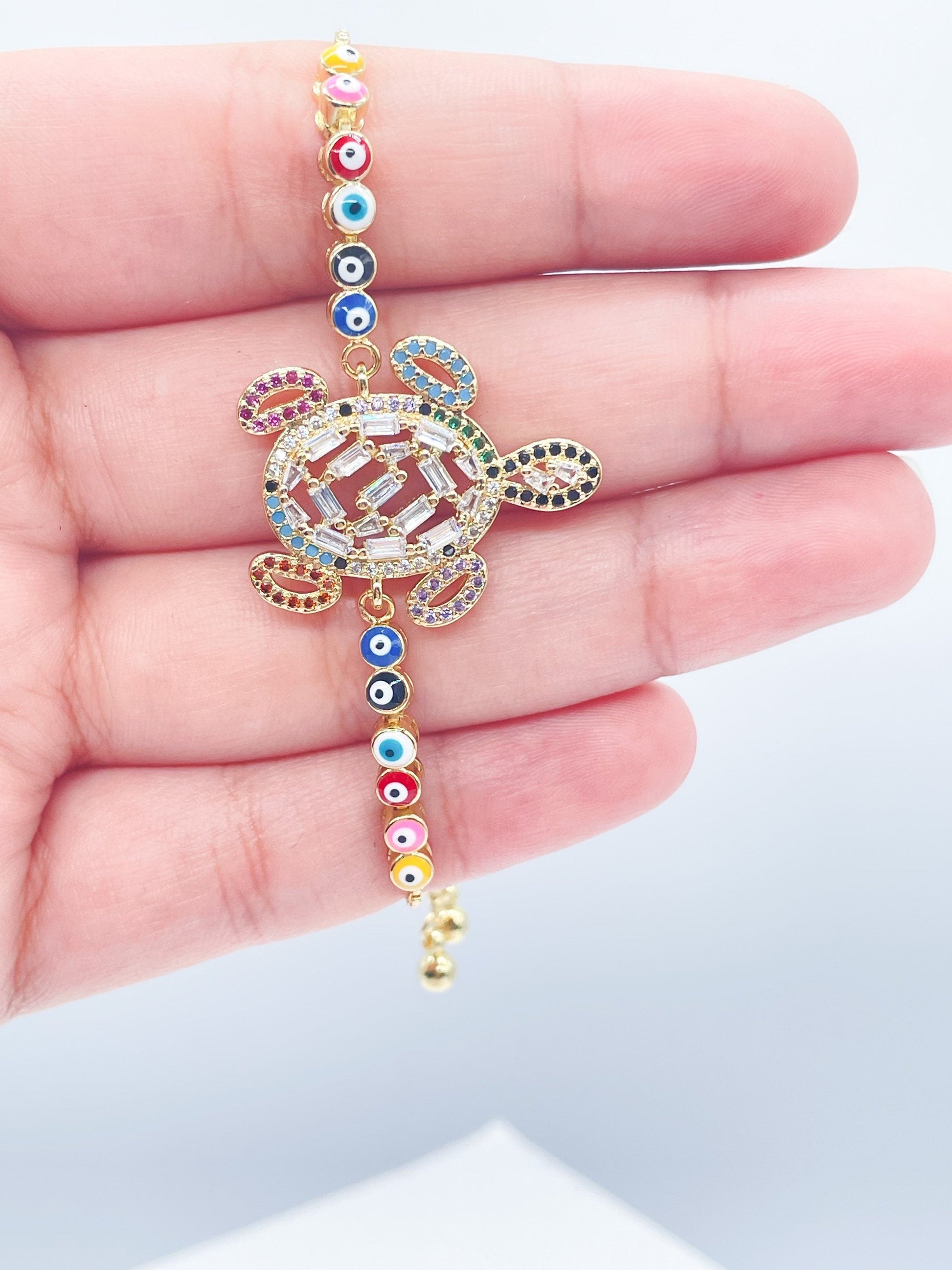 18k Gold Filled Adjustable Multicolor Cubic Zirconia Turtle Bracelet Featuring Colorful Evil Eyes Connected in a Slide Clasp Bracelet
