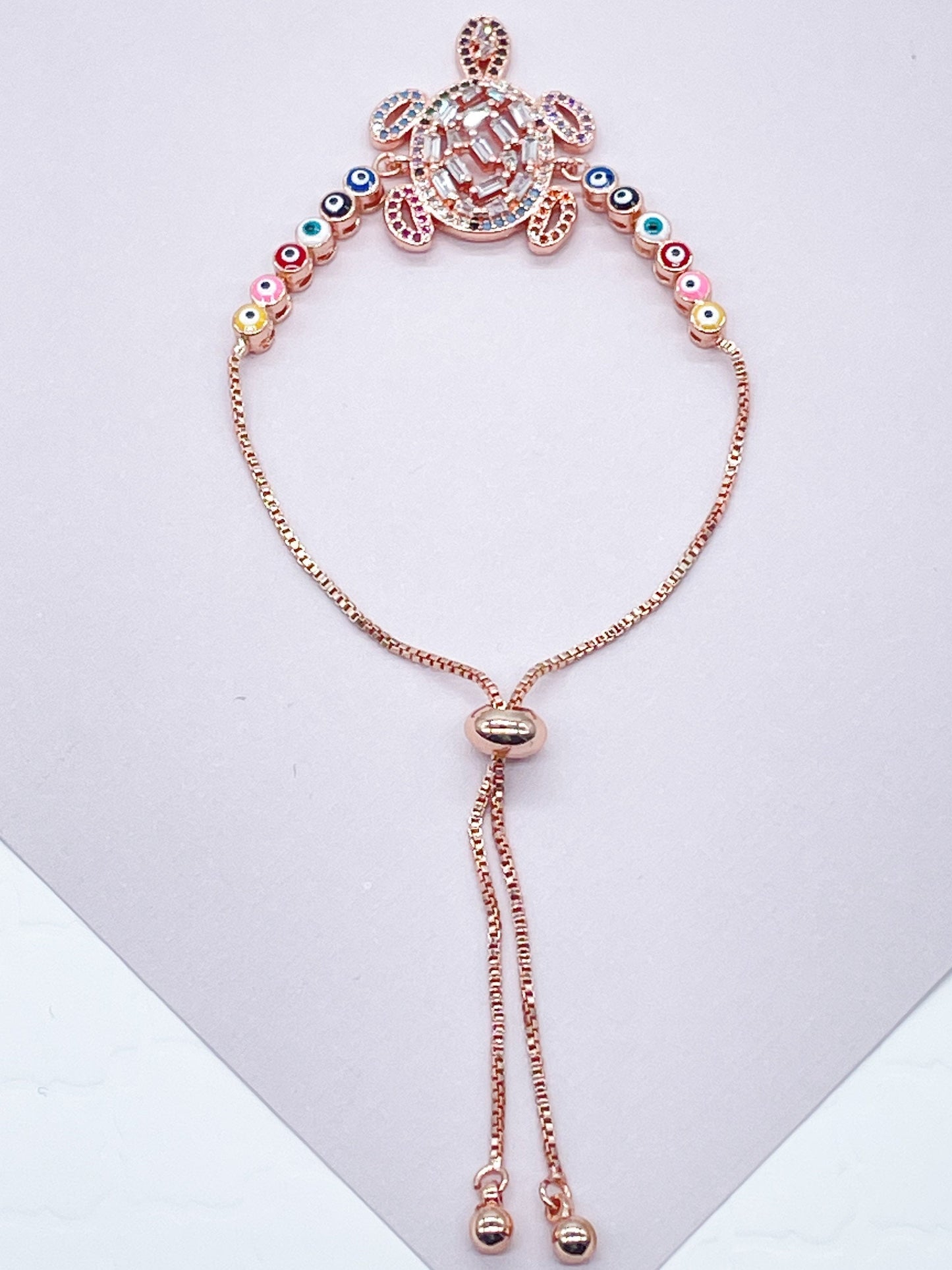 18k Gold Filled Adjustable Multicolor Cubic Zirconia Turtle Bracelet Featuring Colorful Evil Eyes Connected in a Slide Clasp Bracelet