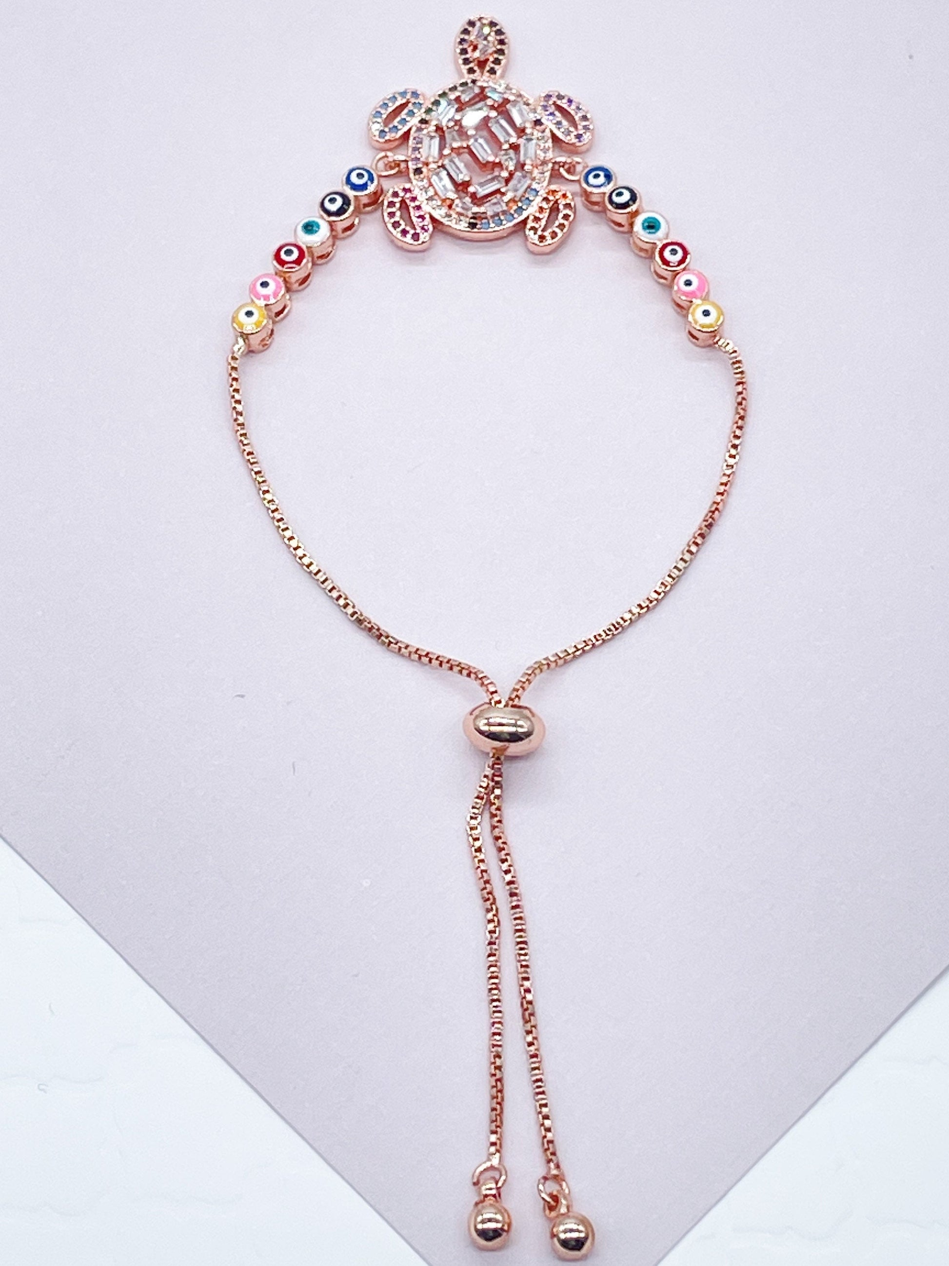 18k Gold Filled Adjustable Multicolor Cubic Zirconia Turtle Bracelet Featuring Colorful Evil Eyes Connected in a Slide Clasp Bracelet