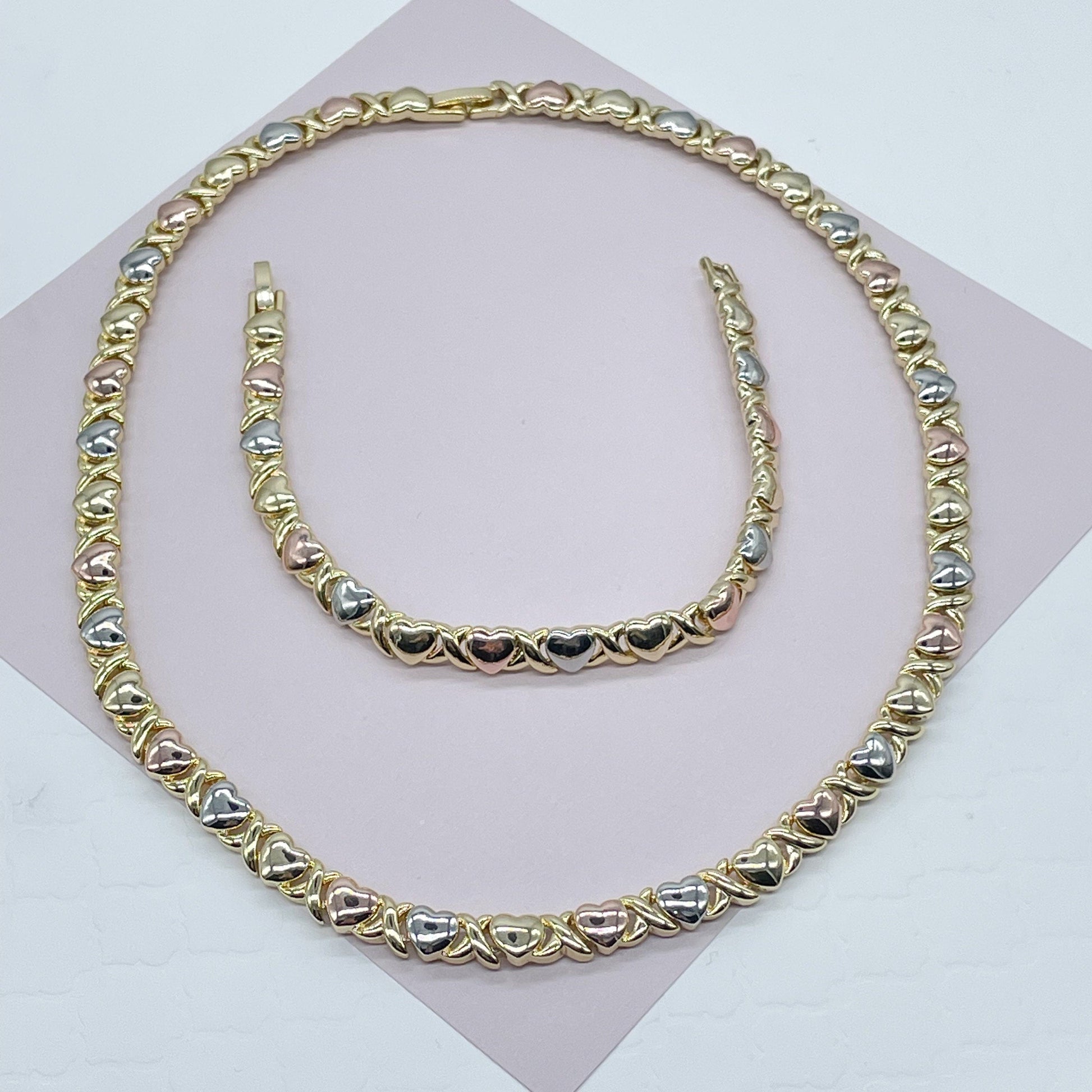 18k Gold Filled Heart Shape XOXO Set of Bracelet and Necklace Available in Gold, Silver or Tricolor - Gold, Rose Gold and Silver