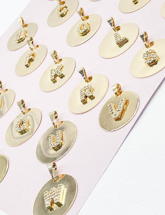 18k Gold Filled Round Initial Charm with Micro Pave Zirconia Letters For