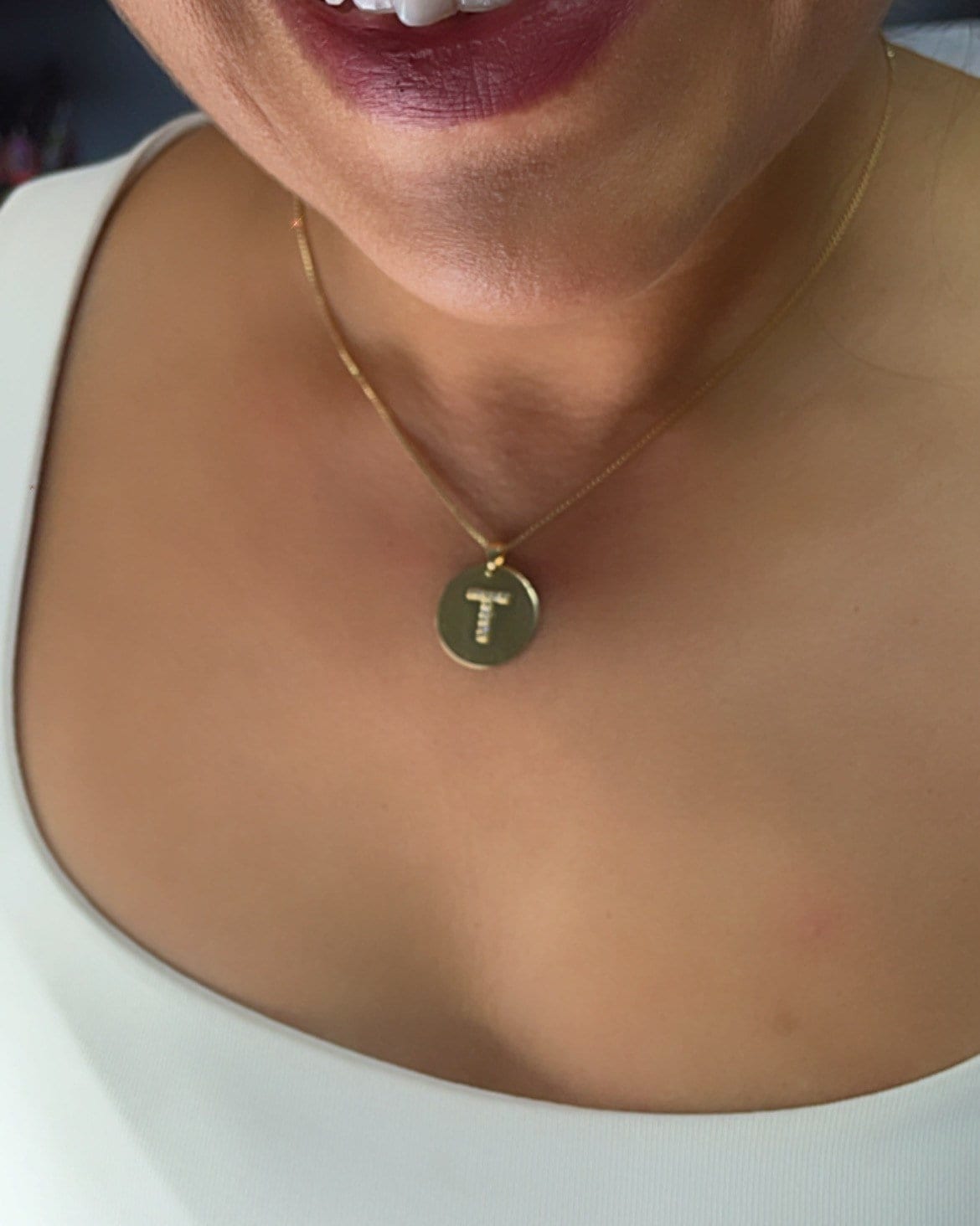 18k Gold Filled Round Initial Charm with Micro Pave Zirconia Letters For