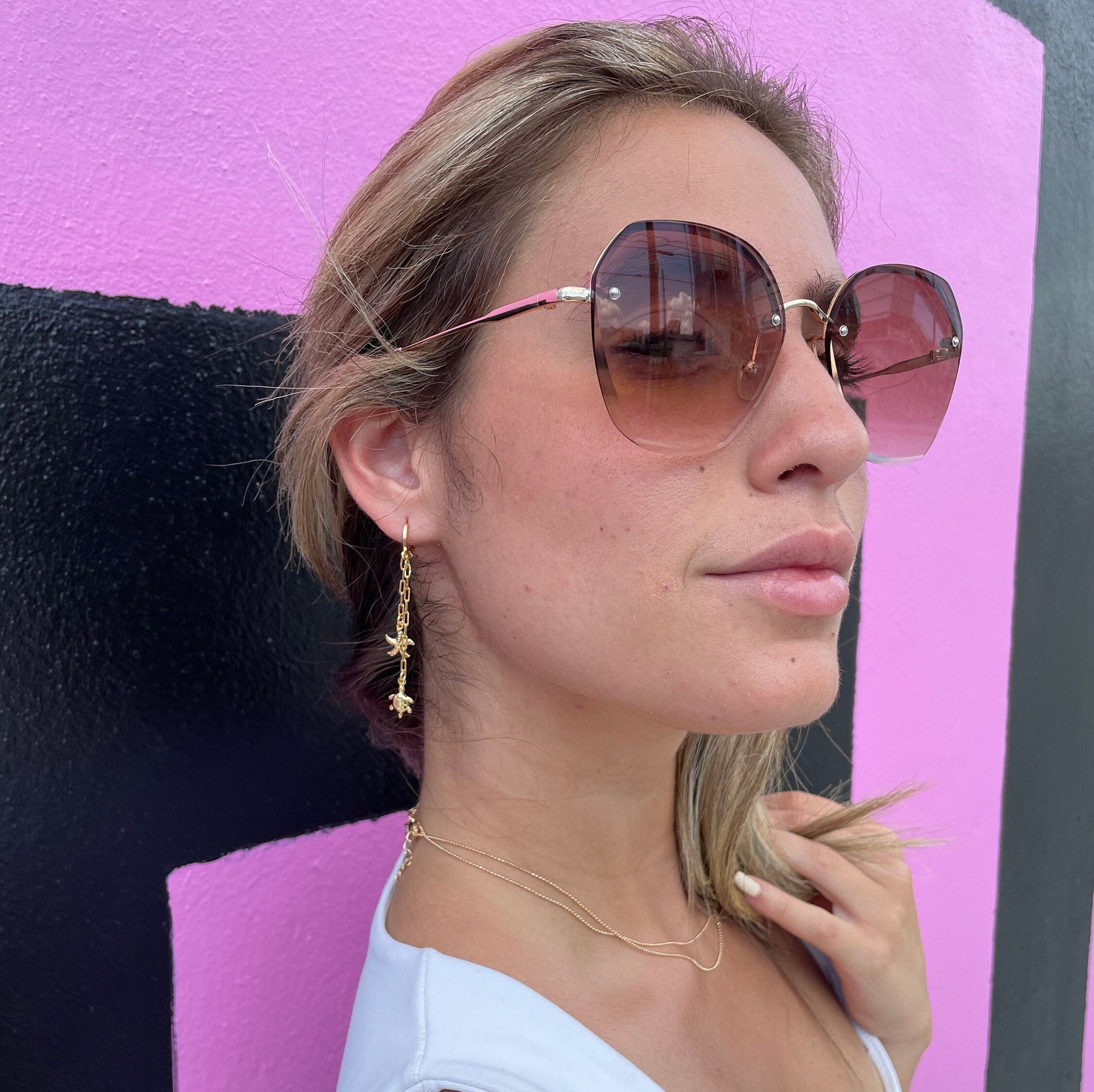 18k Gold Filled Starfish and Turtle Dangling Earrings, Sea Ocean Marine Jewelry,