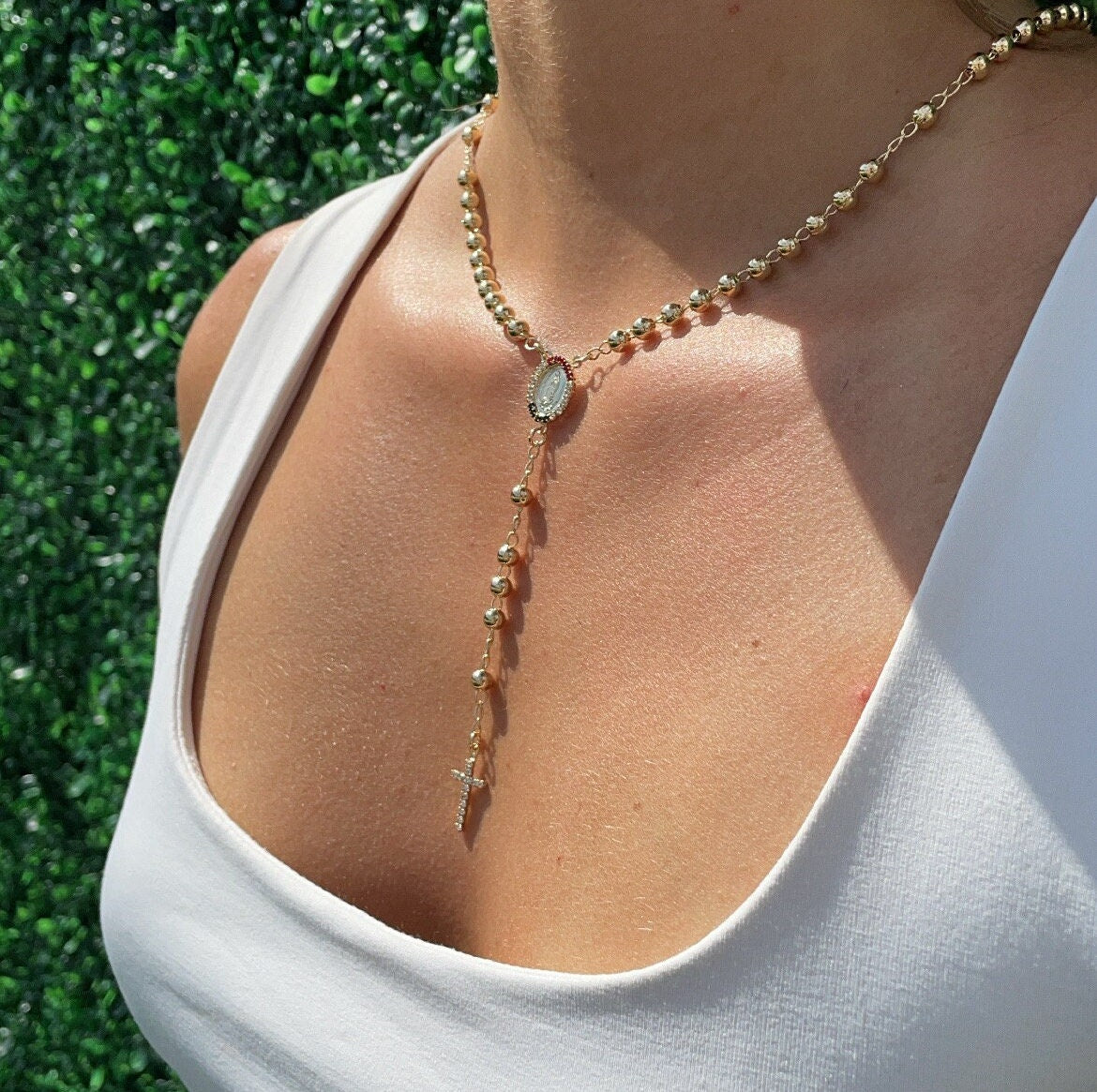 18k Gold Filled Solid Bead Rosary Necklace with Green Clear And Red Cubic Zirconia Guadalupe Medal and Cross Mexican Jewelry