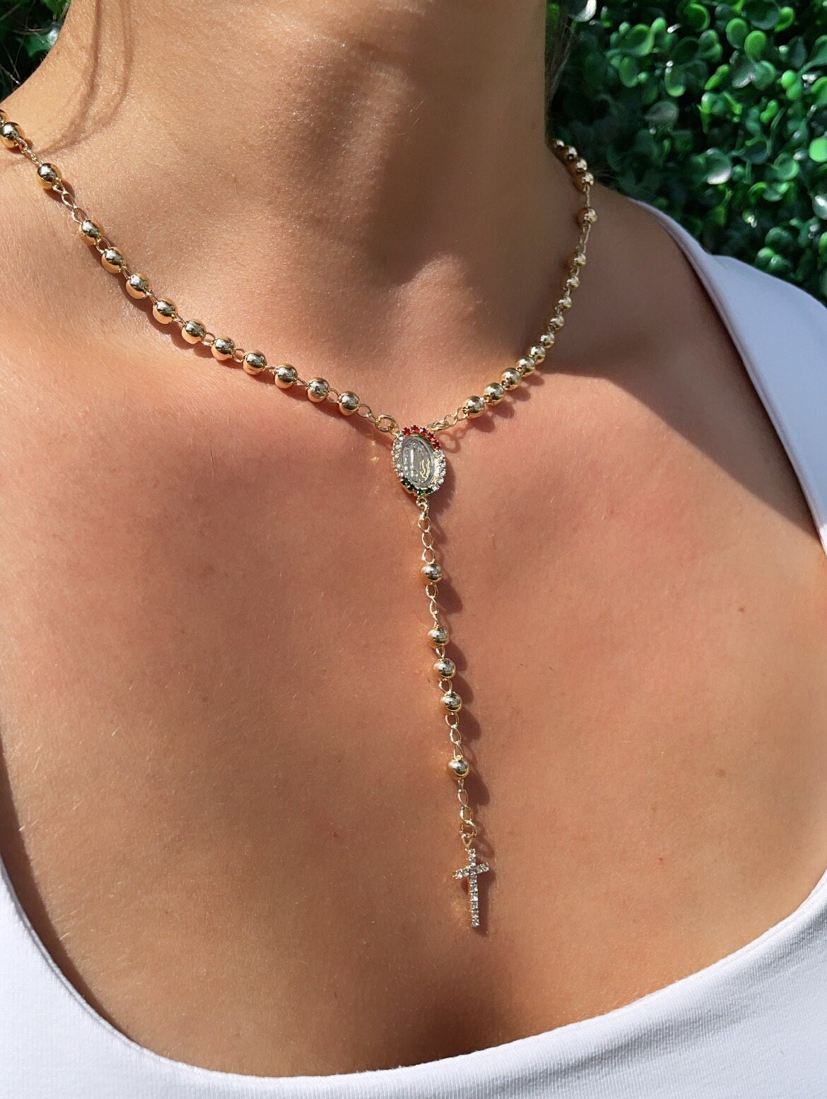 18k Gold Filled Solid Bead Rosary Necklace with Green Clear And Red Cubic Zirconia Guadalupe Medal and Cross Mexican Jewelry