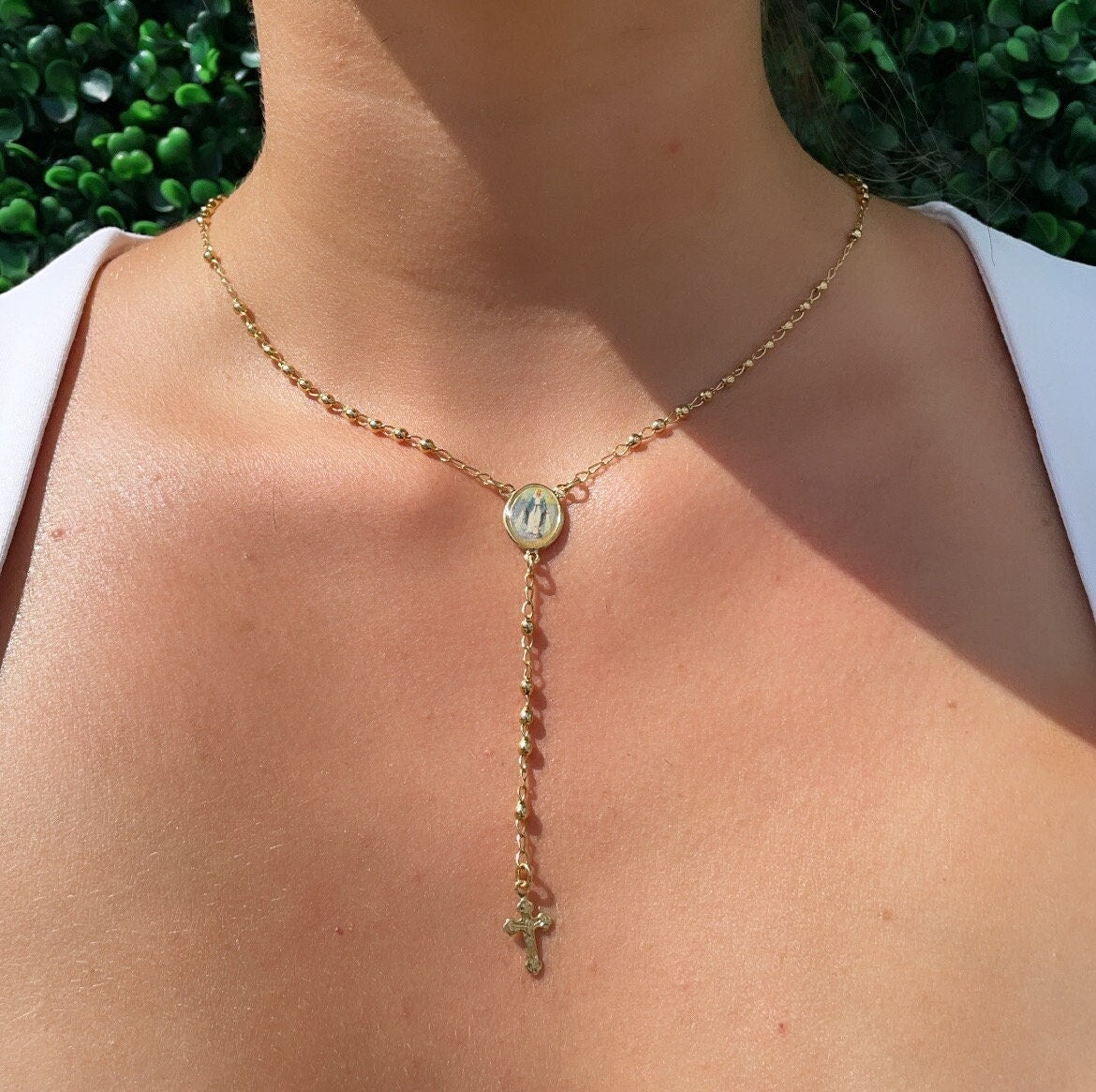18k Gold Filled Rosary Necklace: Virgin Mary Image, Trendy Jewelry