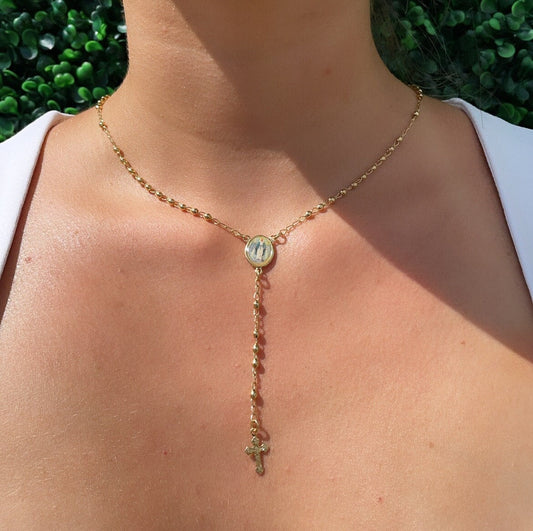 18k Gold Filled Rosary Necklace: Virgin Mary Image, Trendy Jewelry