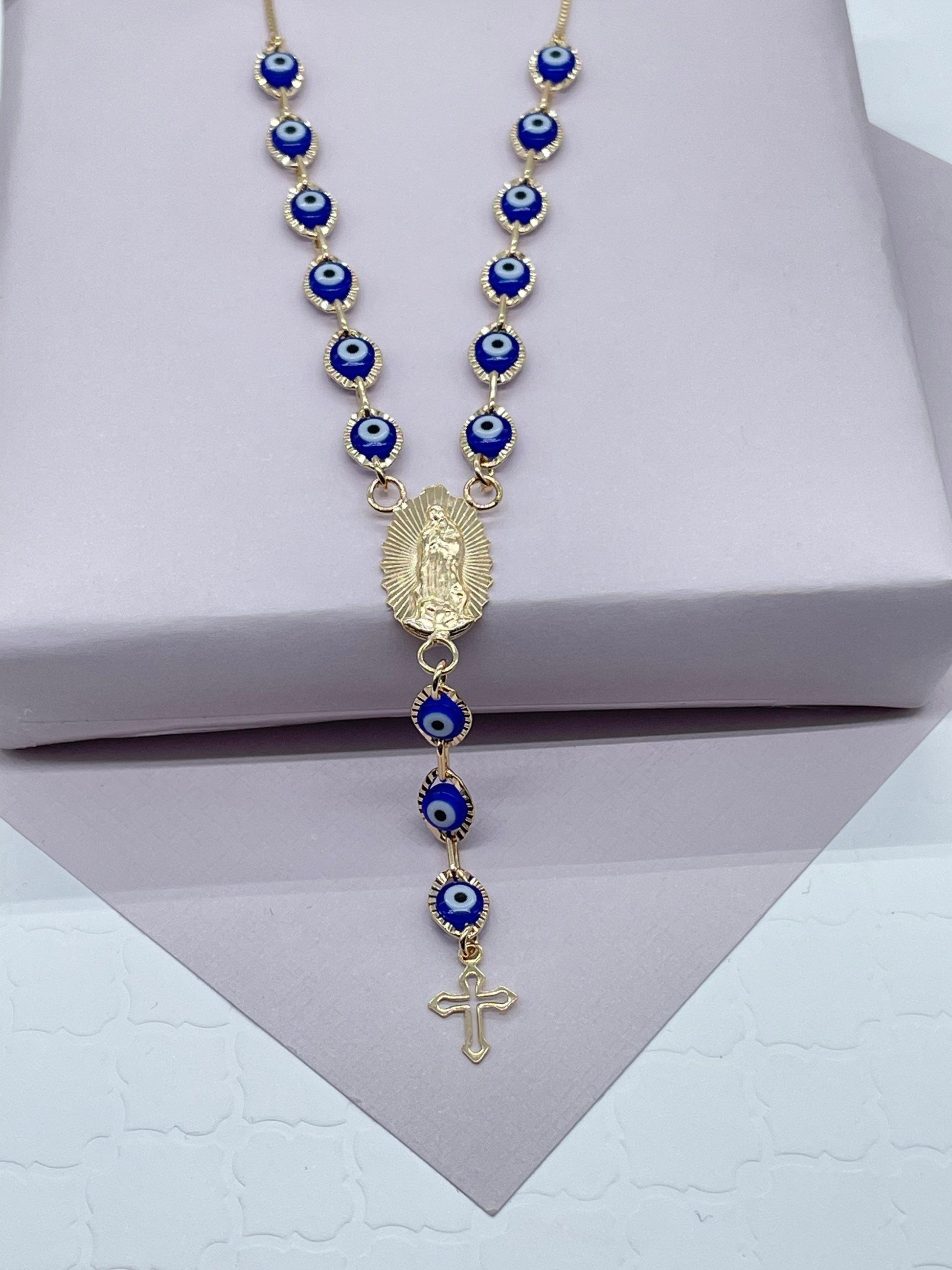18k Gold Filled Evil Eye Fashion Rosary Style Necklace Featuring Our Lady Of Guadalupe, Trendy Religious Protection Necklace