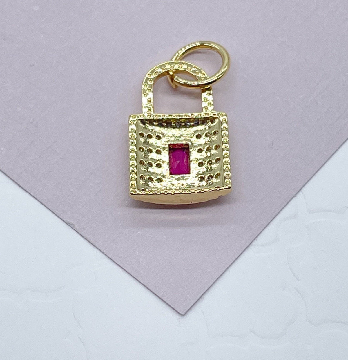 18k Gold Filled Lock Charm: Micro Pave Cubic Zirconia, Synthetic Ruby Pendant