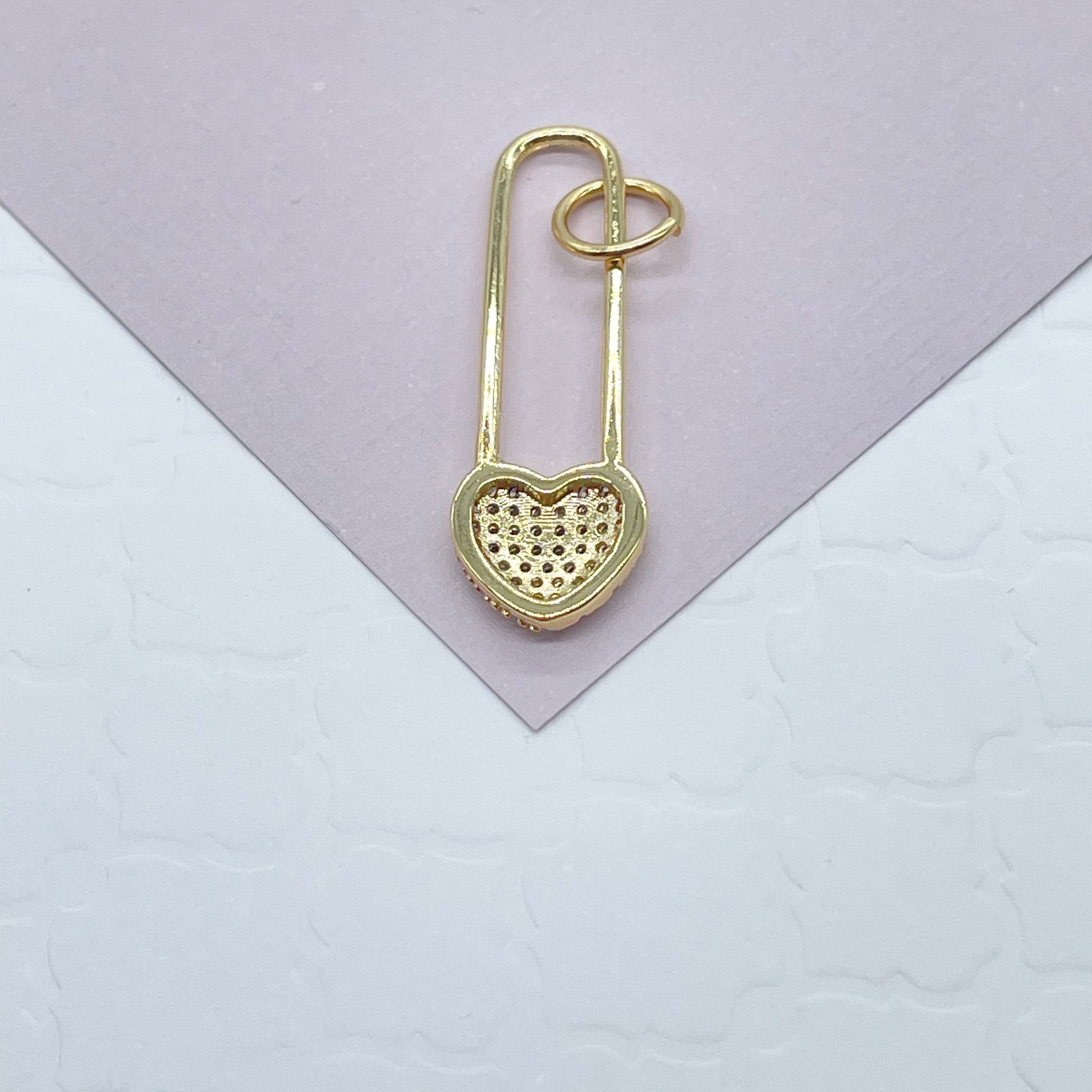 18k Gold Filled Heart Safety Pin Charm In Micro Pave Cubic Zirconia For