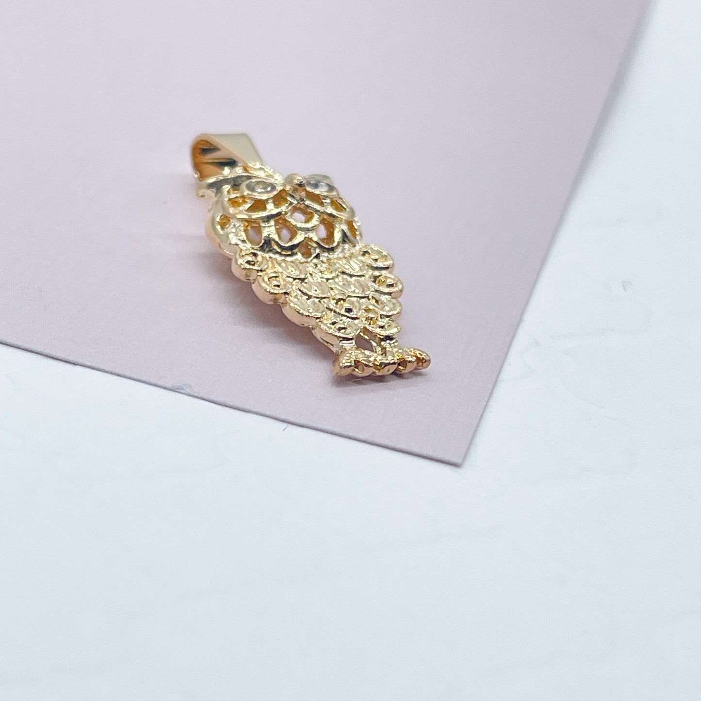 18k Gold Filled Owl Charm Featuring Cubic Zirconia Eyes For Wholesale And