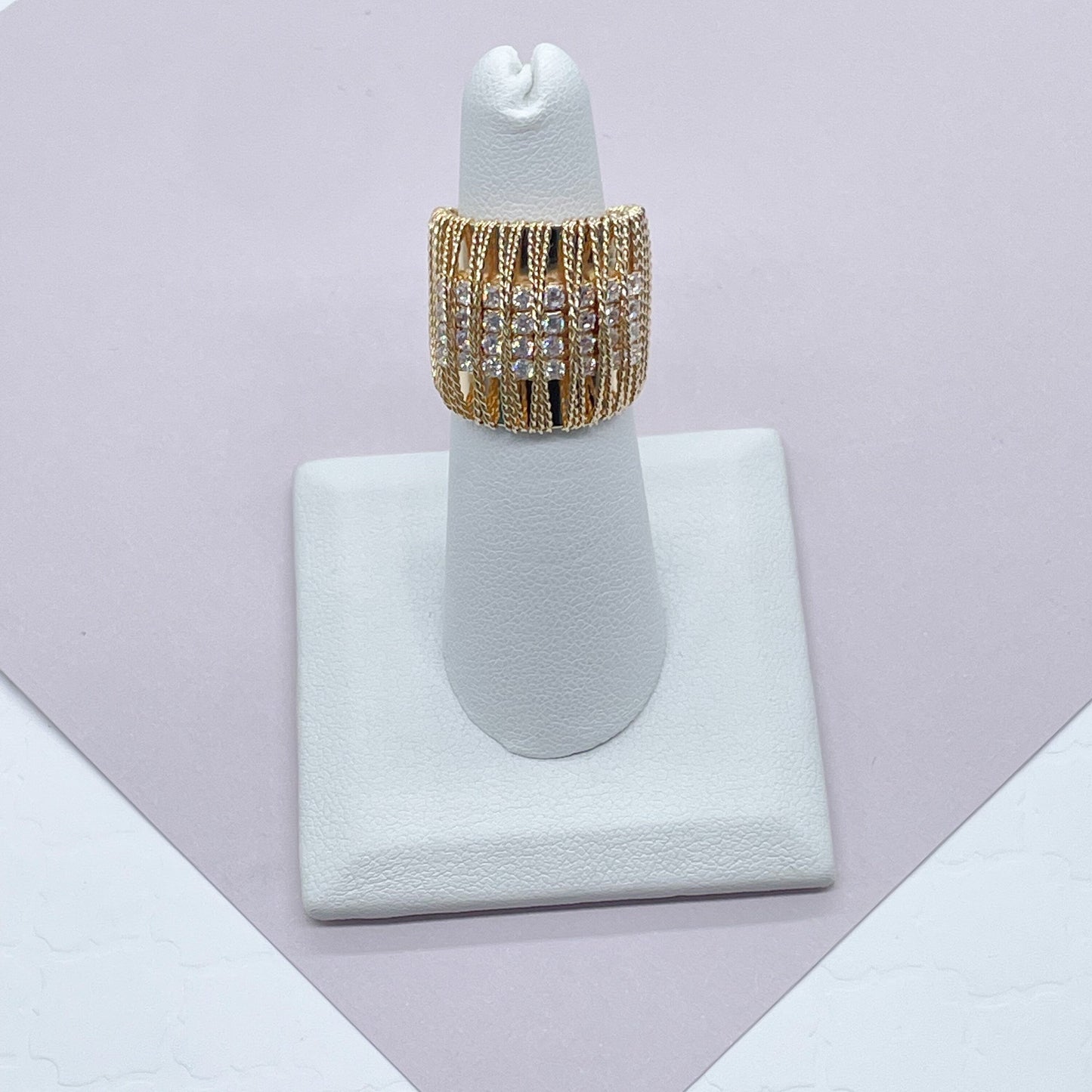 18k Gold Filled Chunky Gold Ring Wrapped In Gold Thread With 8 Rows of Cubic