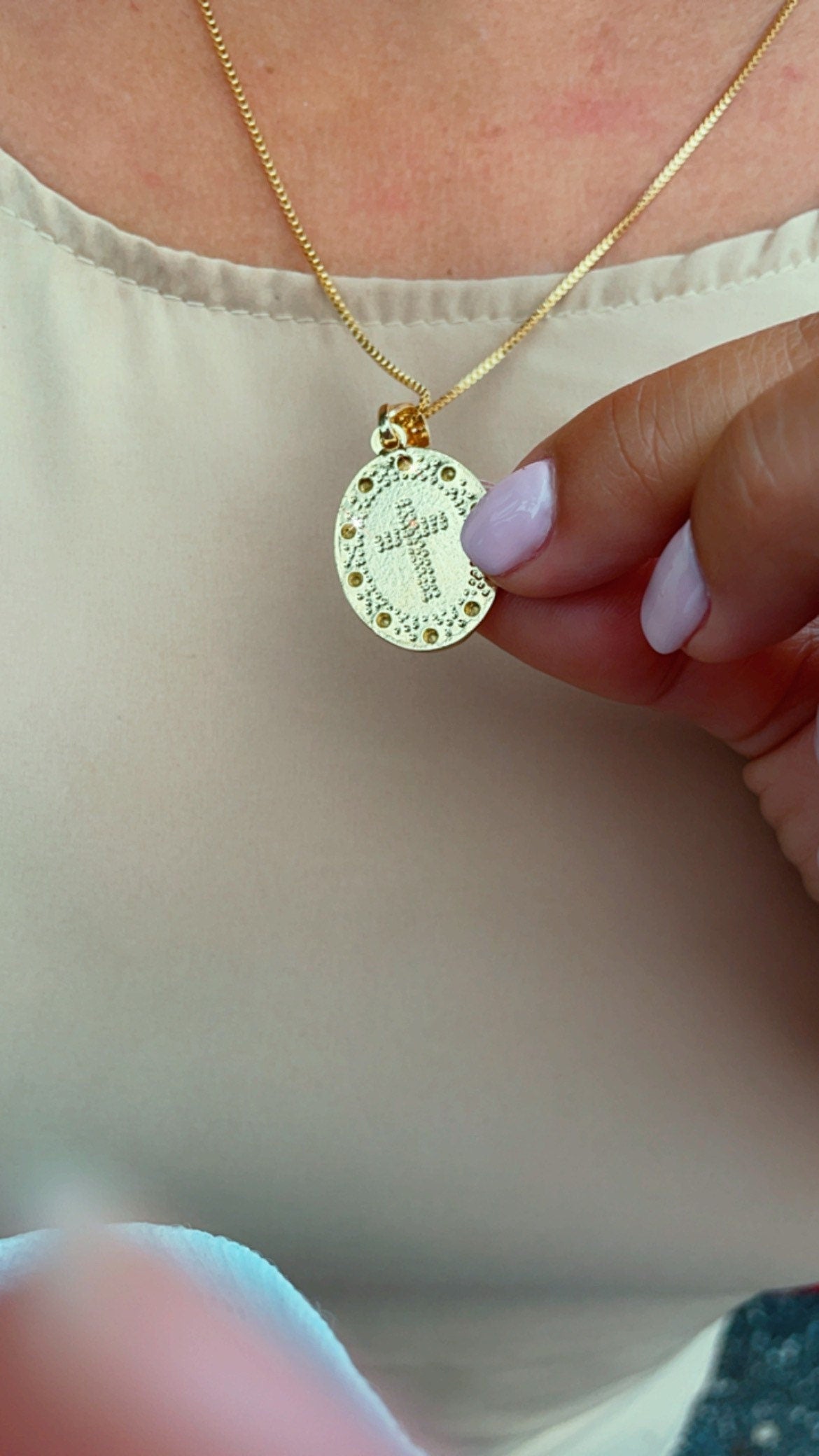 Double sided 18k Gold Filled Jesus Charm And Cross In The Back Featuring Cubic Zirconia Around Pendant