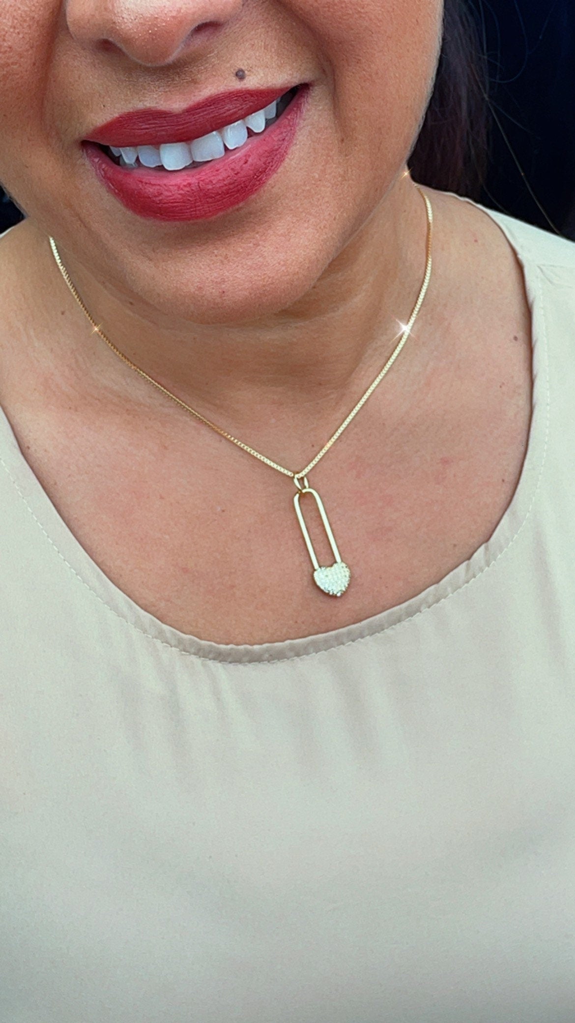 18k Gold Filled Heart Safety Pin Charm In Micro Pave Cubic Zirconia For